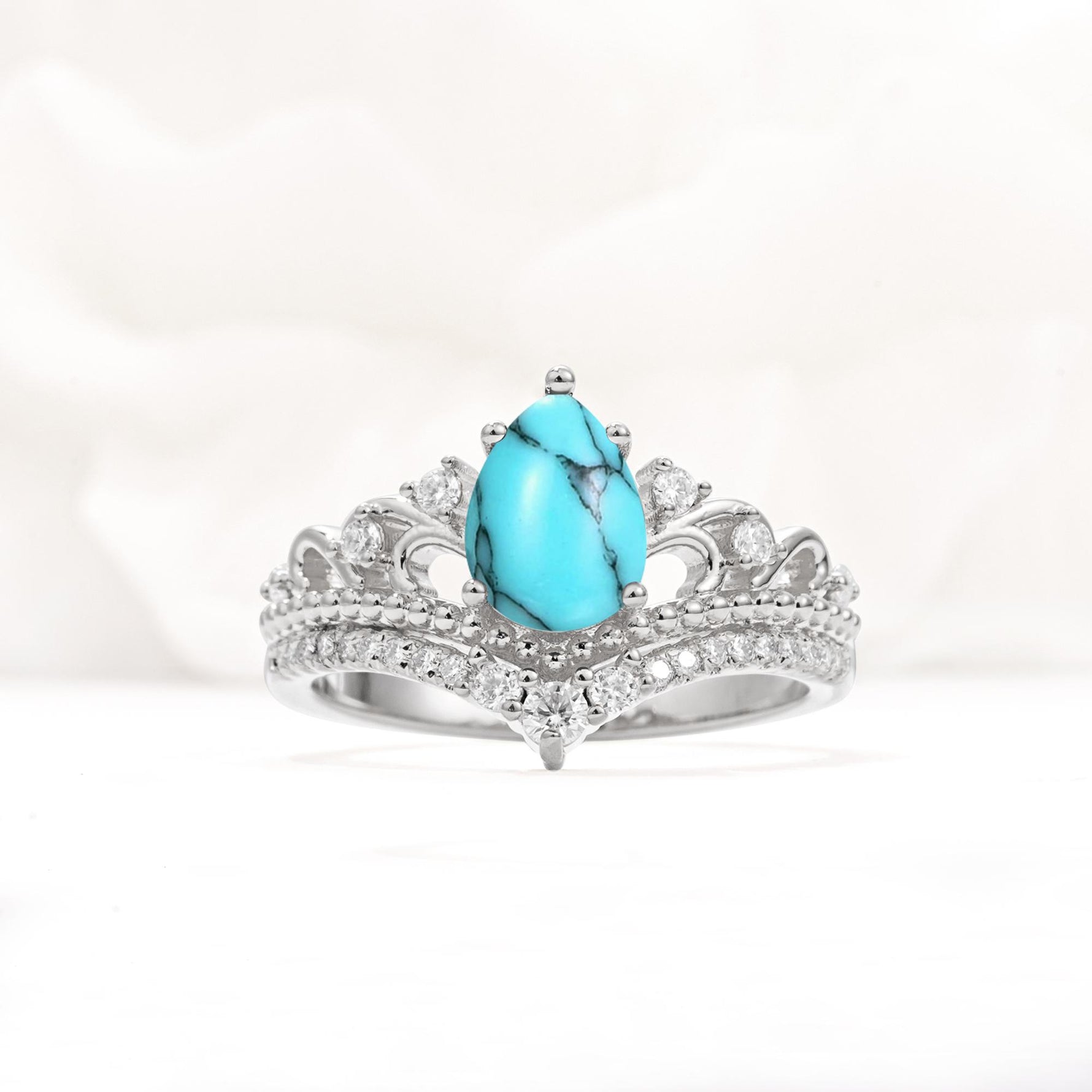 Vintage Pear Cut Turquoise Crown Engagement Ring Set - Additional view