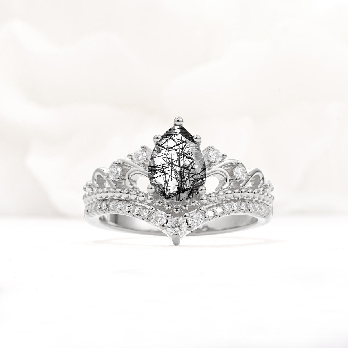 Vintage Pear Cut Black Rutilated Quartz Crown Engagement Ring Set - Additional view