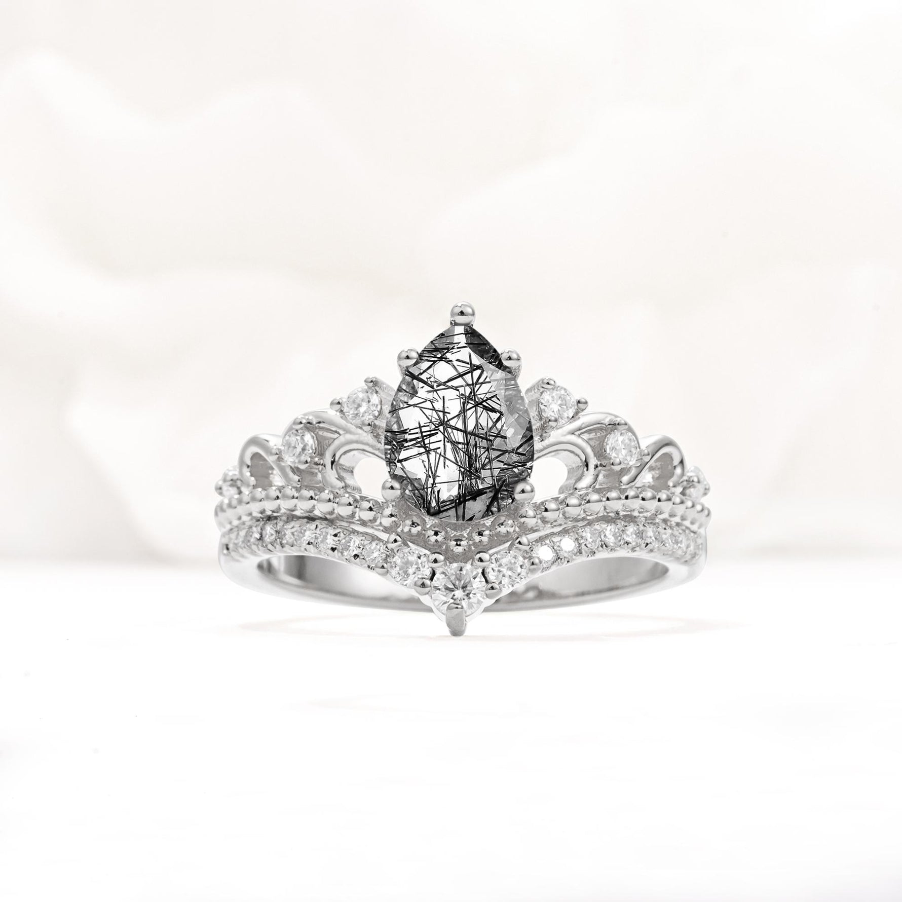 Vintage Pear Cut Black Rutilated Quartz Crown Engagement Ring Set - Additional view