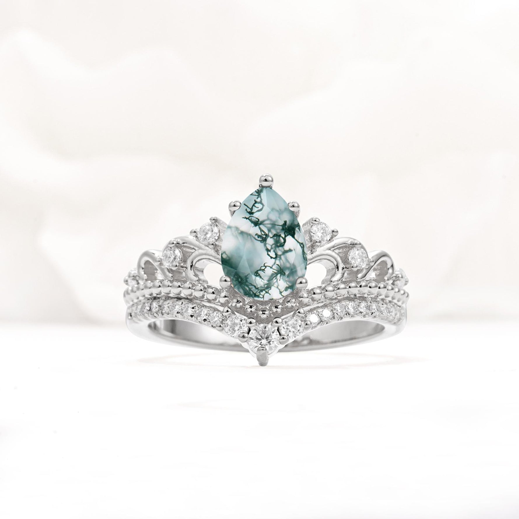 Vintage Pear Cut Moss Agate Crown Engagement Ring Set - Additional view