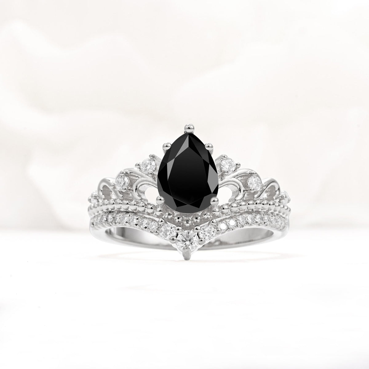 Vintage Pear Cut Black Onyx Crown Engagement Ring Set - Additional view