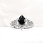 Vintage Pear Cut Black Onyx Crown Engagement Ring Set - Additional view