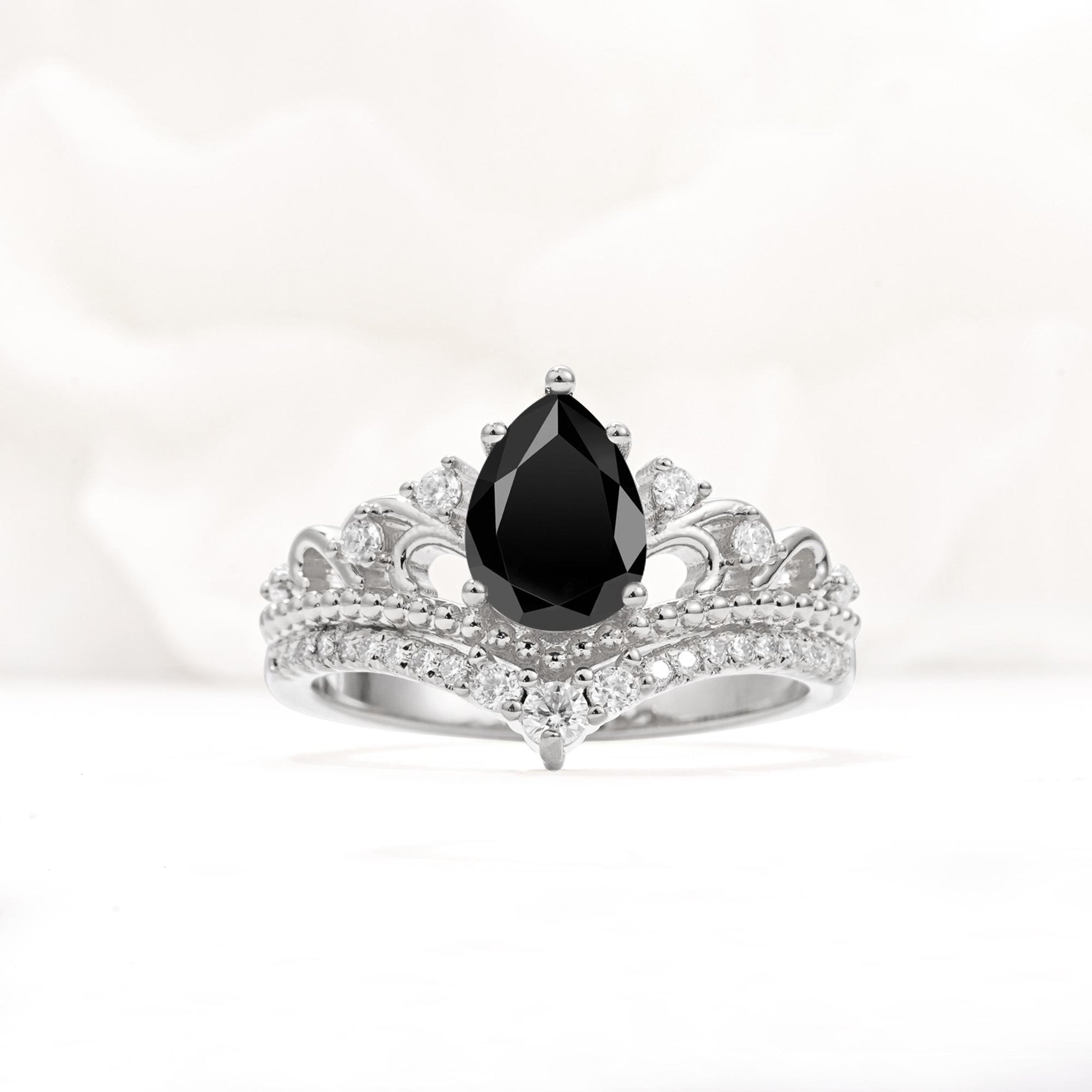 Vintage Pear Cut Black Onyx Crown Engagement Ring Set - Additional view