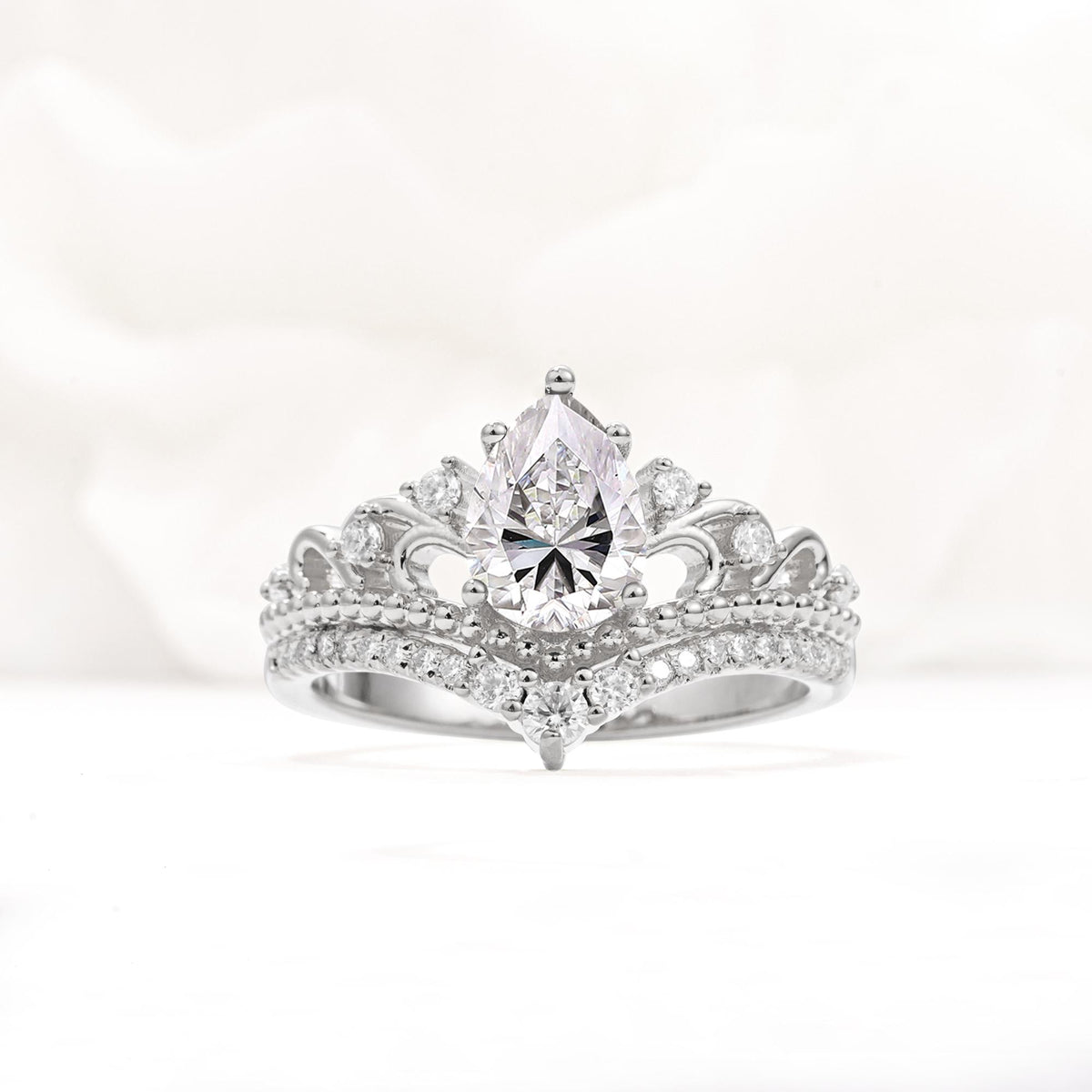 Vintage Pear Cut Lab Diamond Crown Engagement Ring Set - Additional view