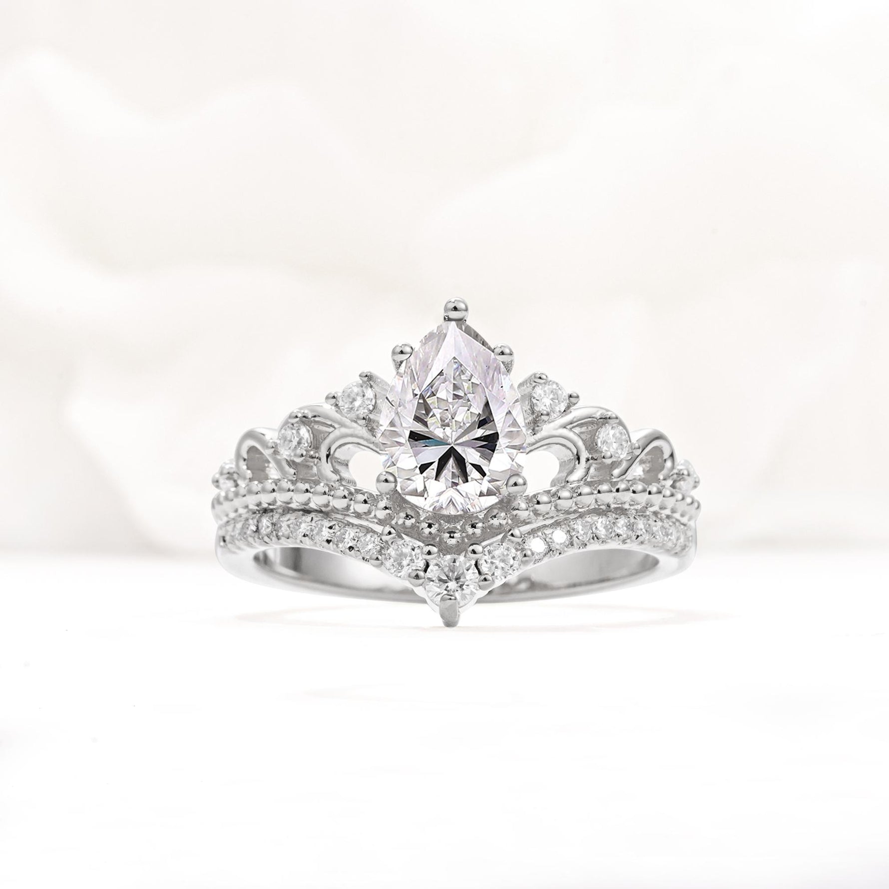 Vintage Pear Cut Lab Diamond Crown Engagement Ring Set - Additional view