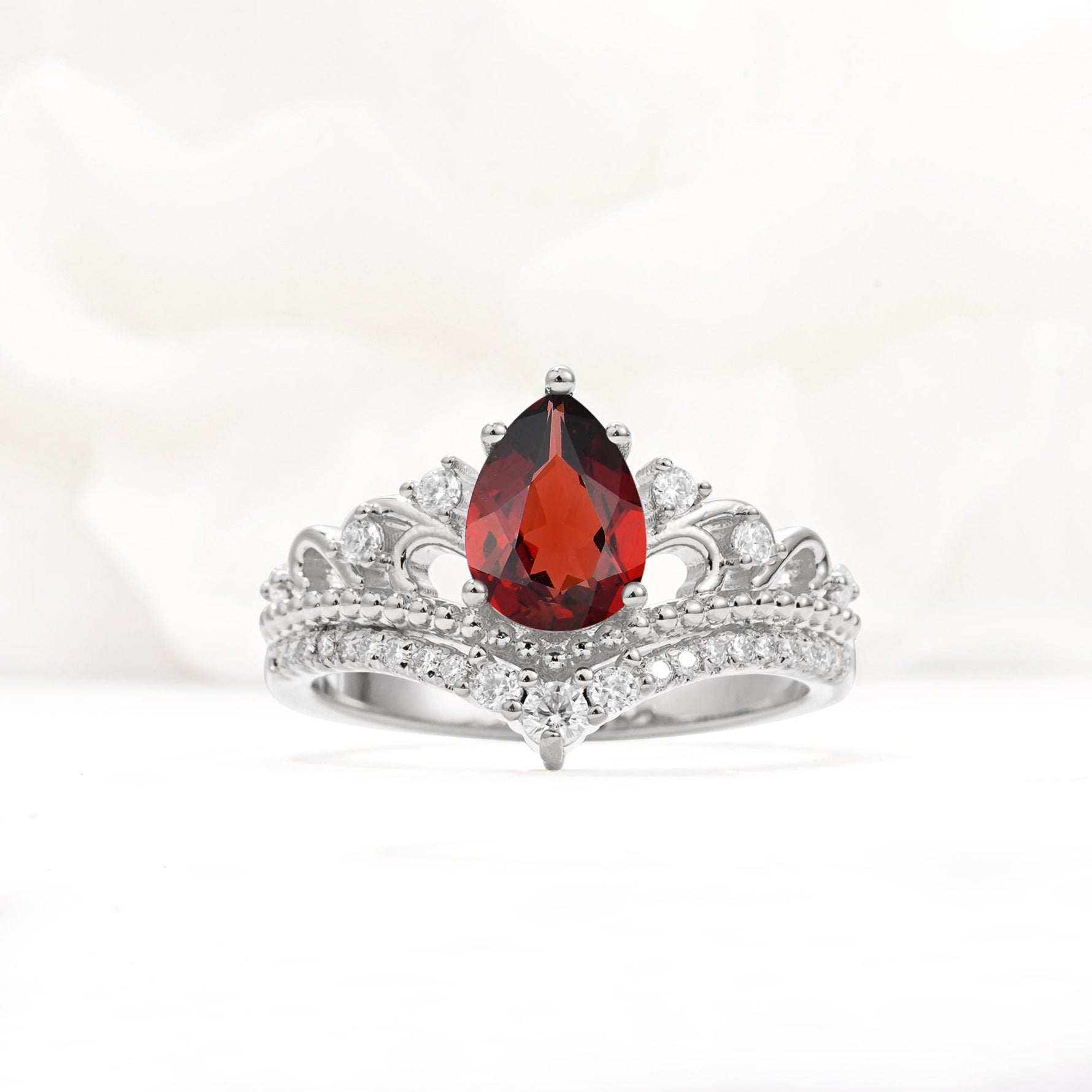 Vintage Pear Cut Garnet Crown Engagement Ring Set - Additional view