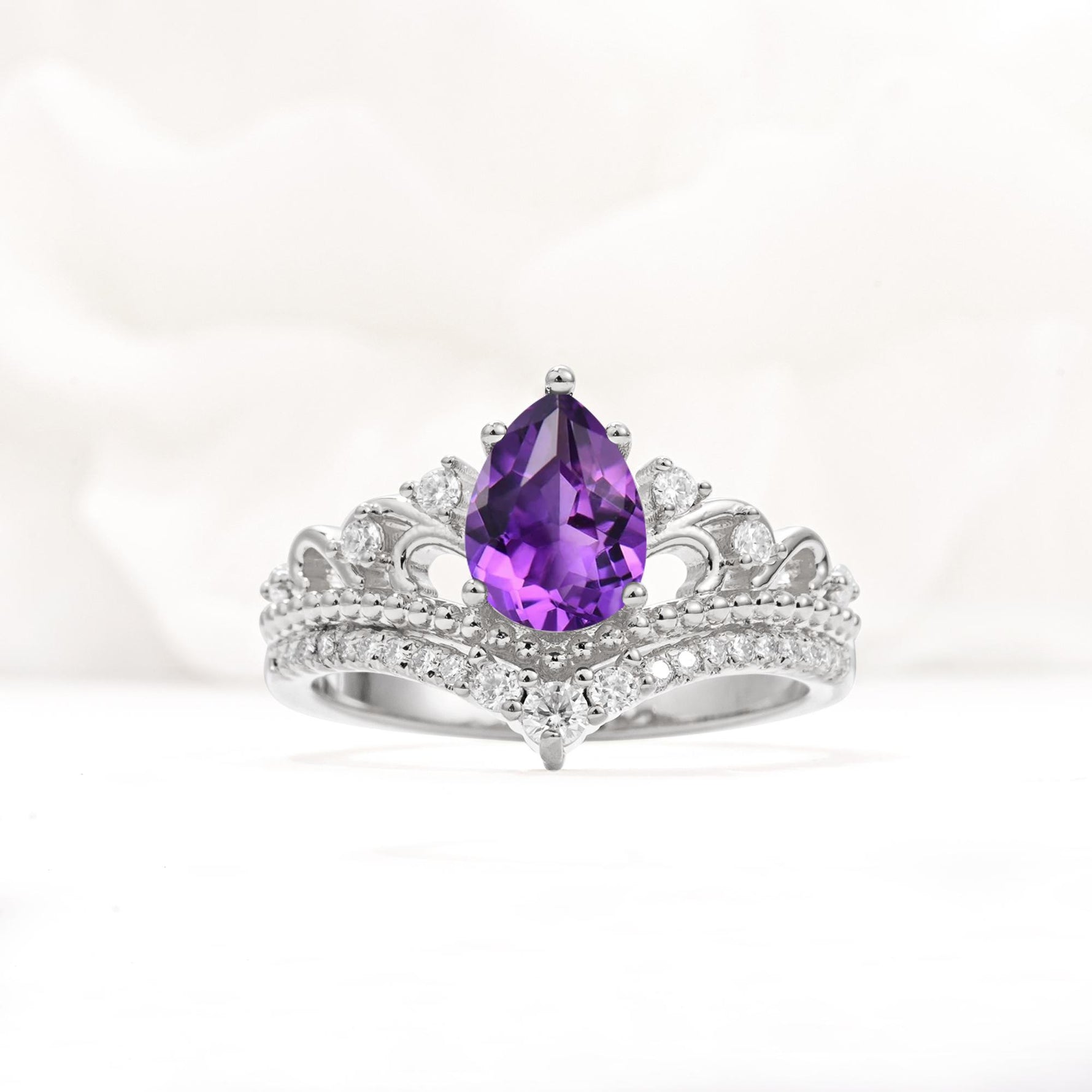 Vintage Pear Cut Amethyst Crown Engagement Ring Set - Additional view