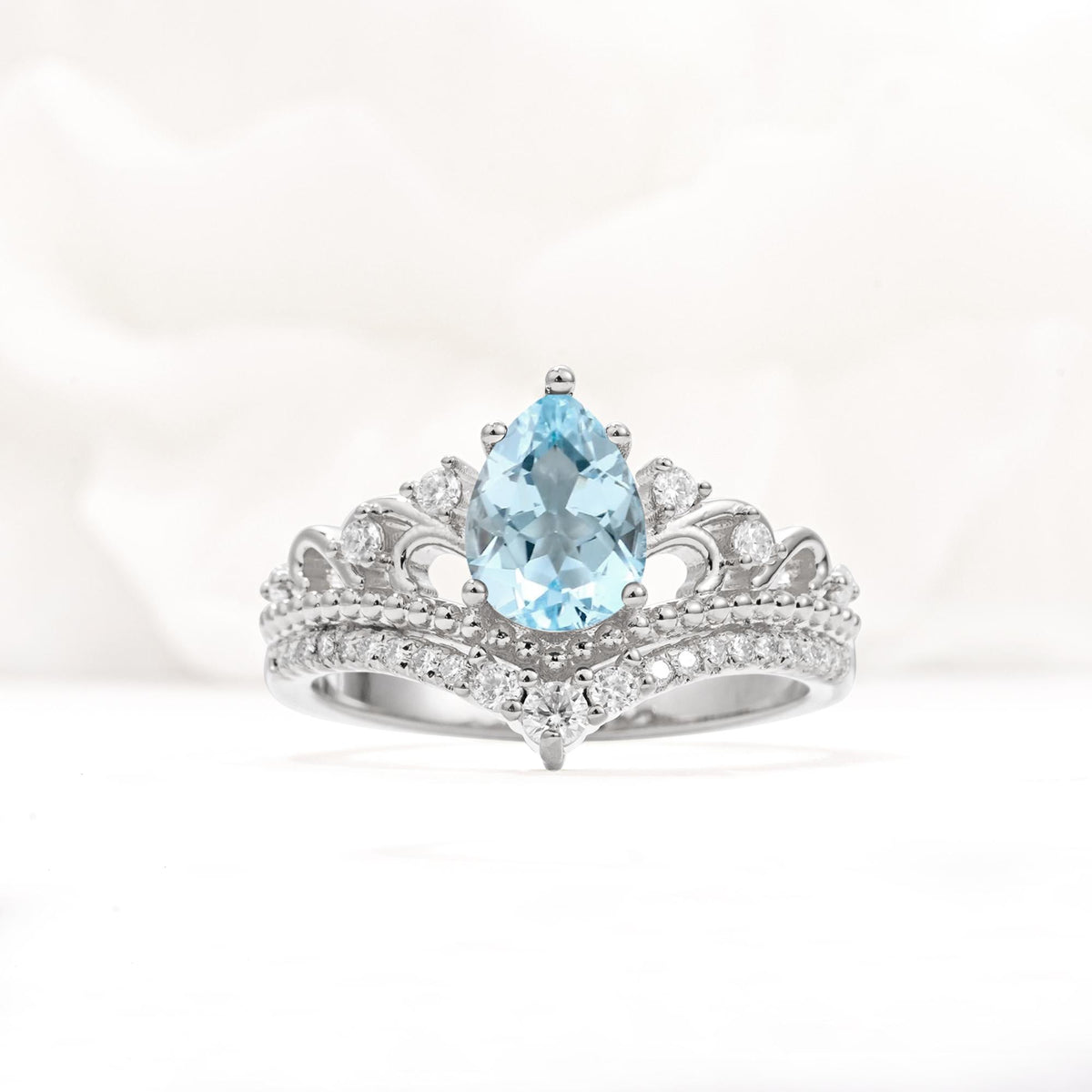 Vintage Pear Cut Aquamarine Crown Engagement Ring Set - Additional view