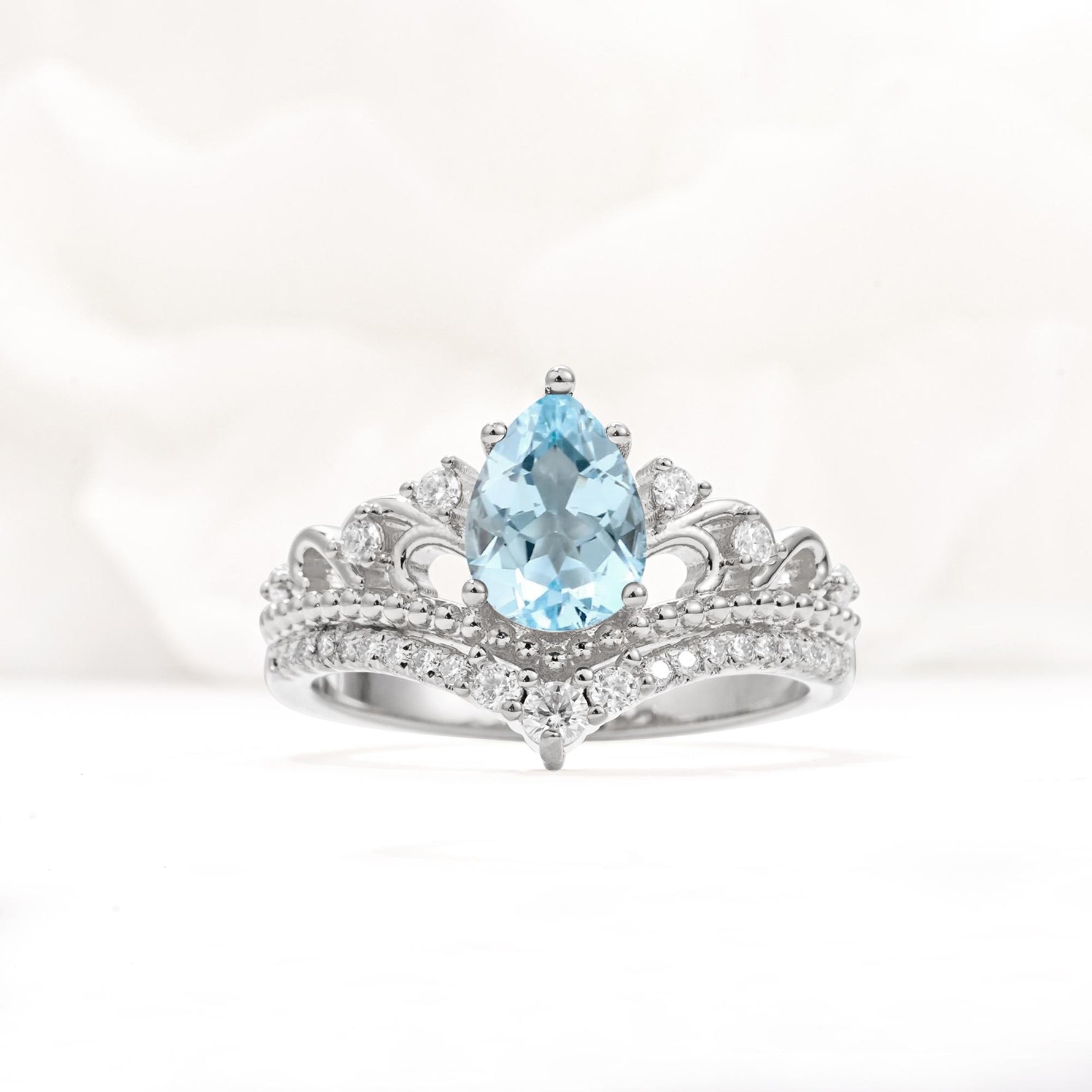 Vintage Pear Cut Aquamarine Crown Engagement Ring Set - Additional view