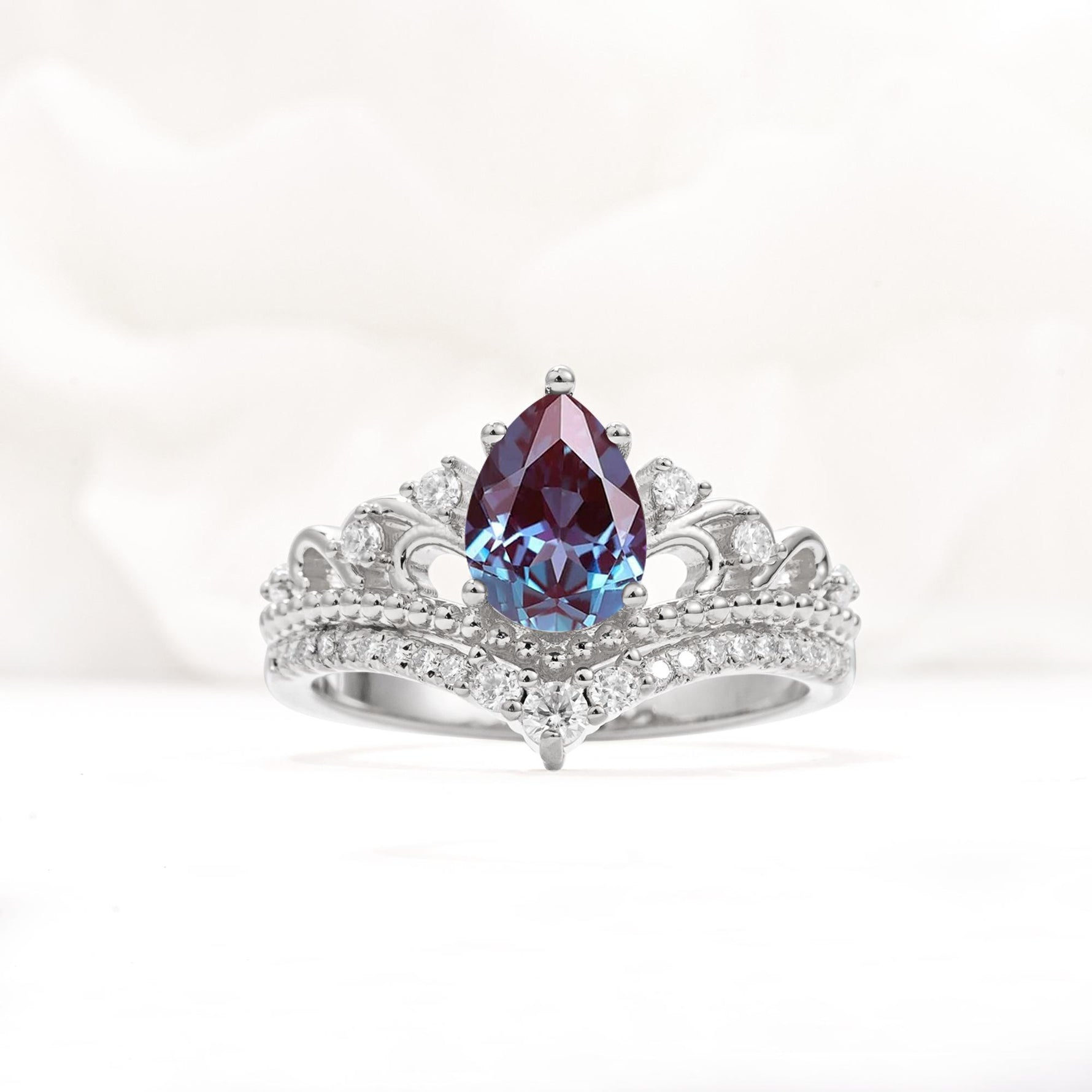 Vintage Pear Cut Alexandrite Crown Engagement Ring Set - Additional view