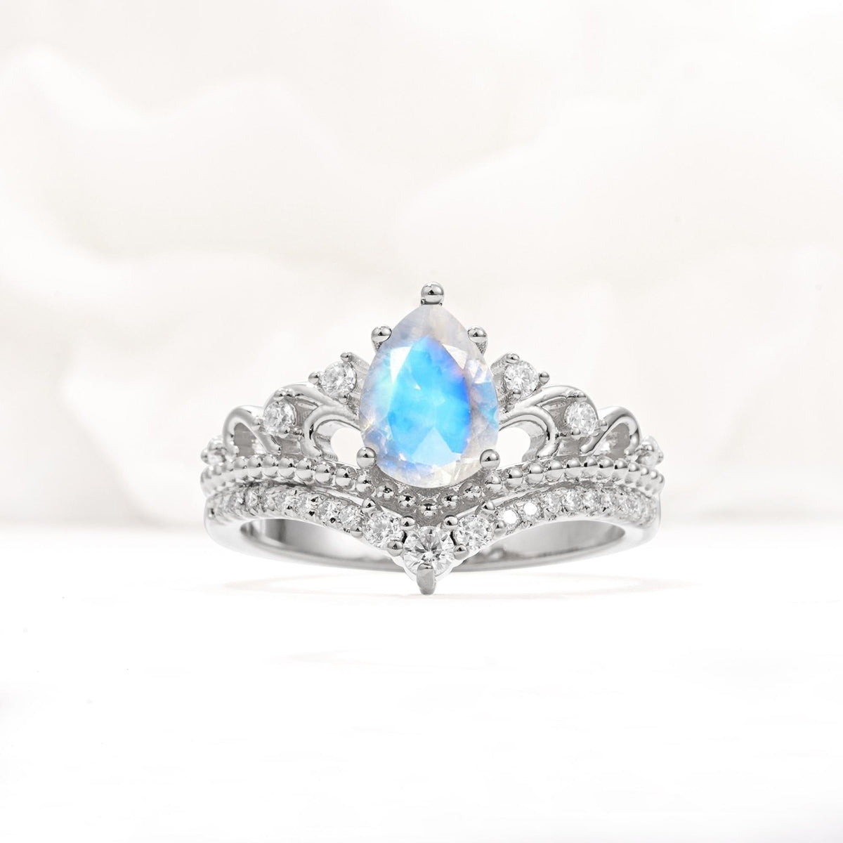 Vintage Pear Cut Moonstone Crown Engagement Ring Set - Additional view