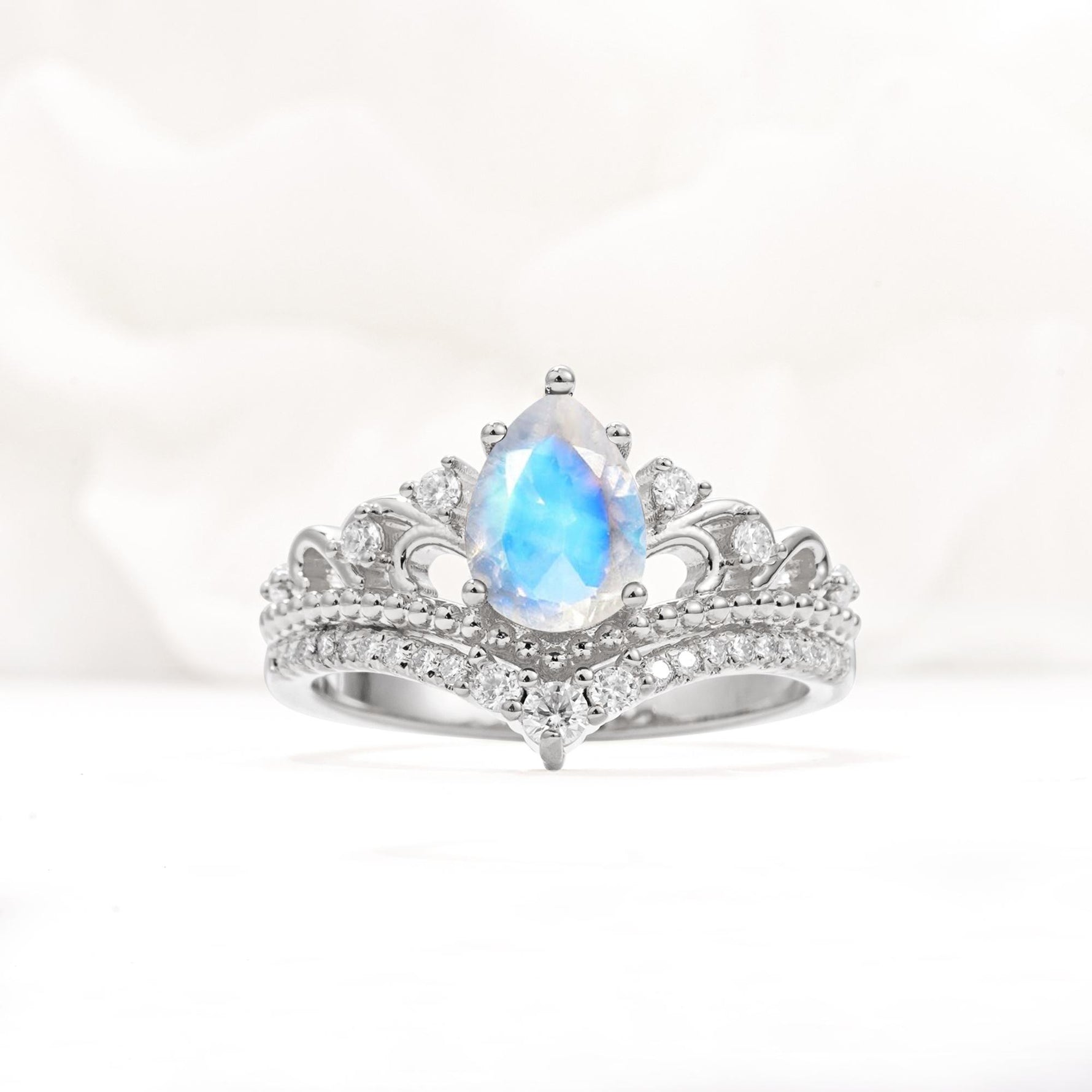 Vintage Pear Cut Moonstone Crown Engagement Ring Set - Additional view