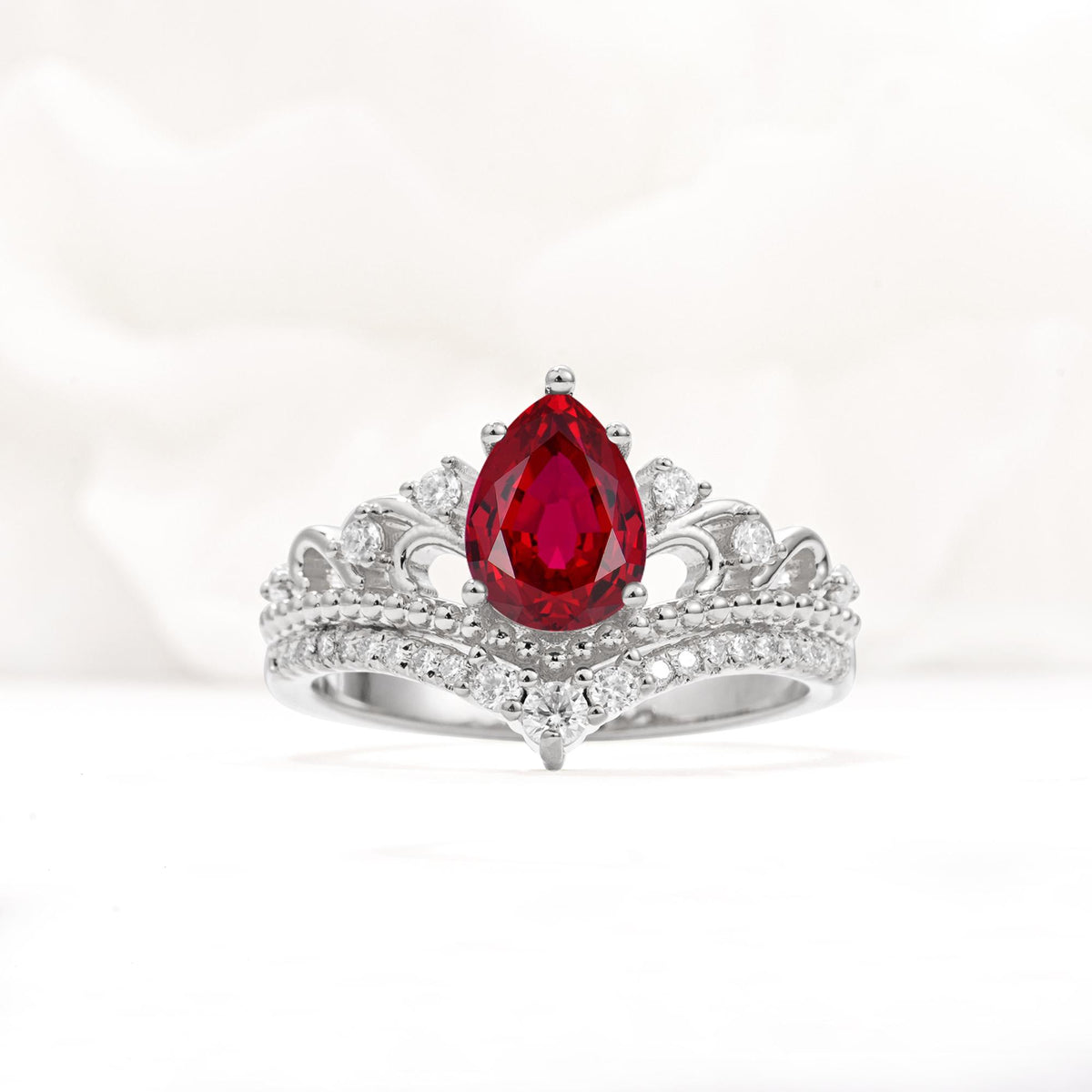 Vintage Pear Cut Ruby Crown Engagement Ring Set - Additional view