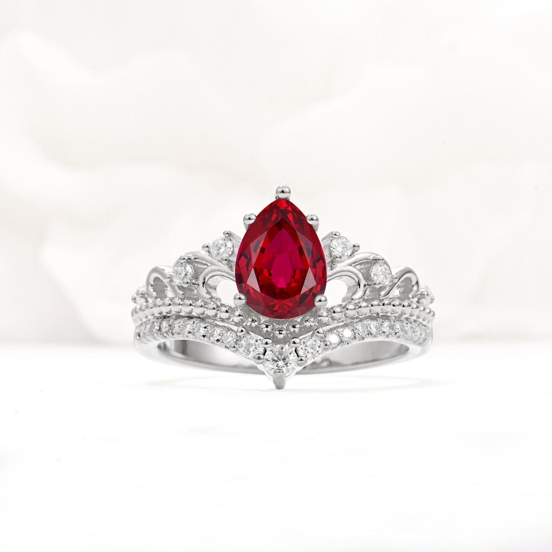 Vintage Pear Cut Ruby Crown Engagement Ring Set - Additional view