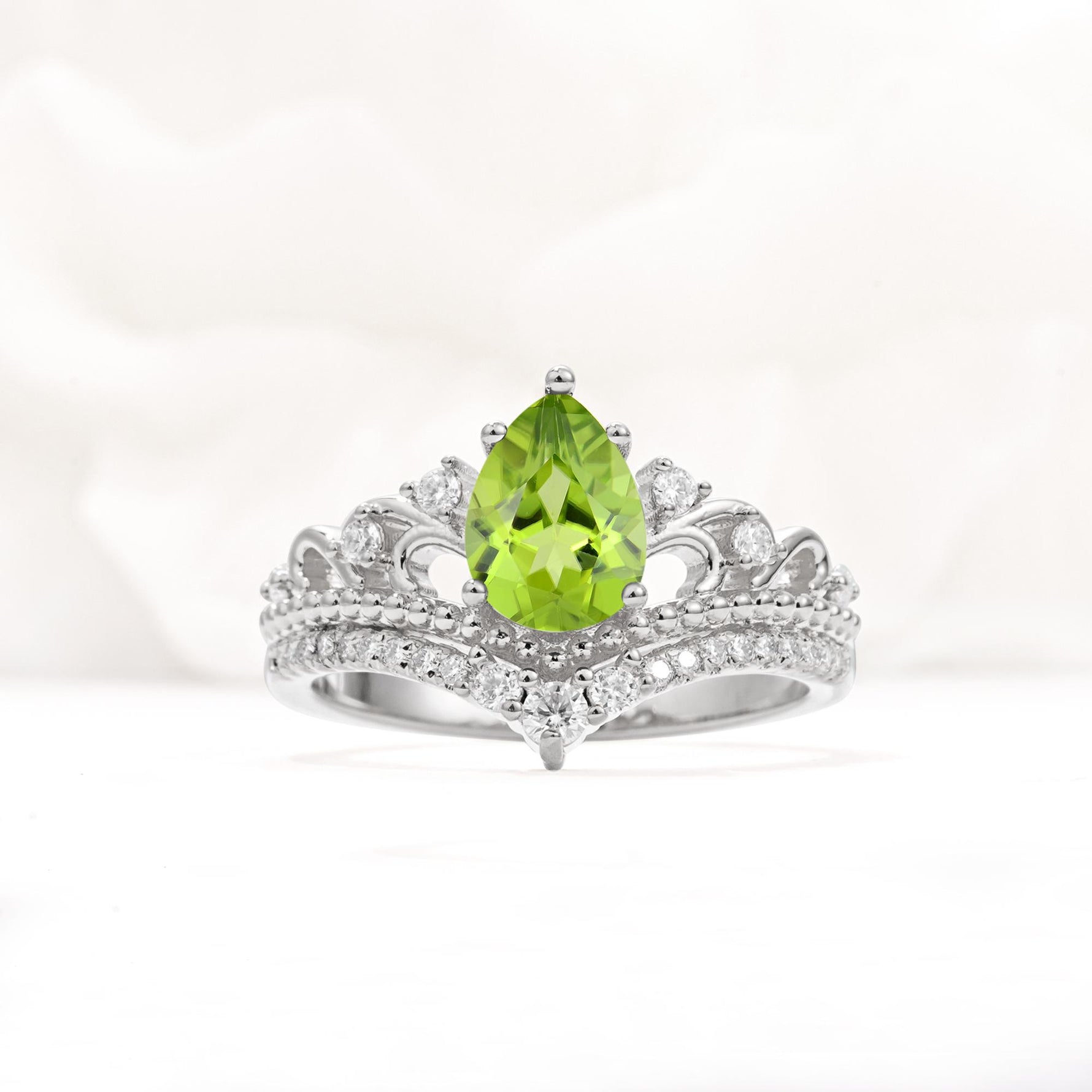 Vintage Pear Cut Peridot Crown Engagement Ring Set - Additional view