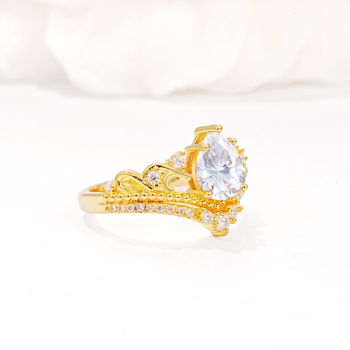 Vintage Pear Cut Moissanite Crown Engagement Ring Set - Additional view