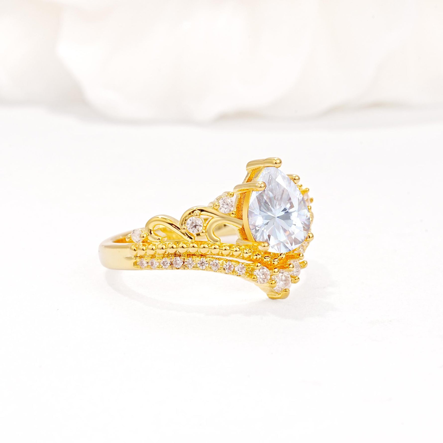 Vintage Pear Cut Moissanite Crown Engagement Ring Set - Additional view