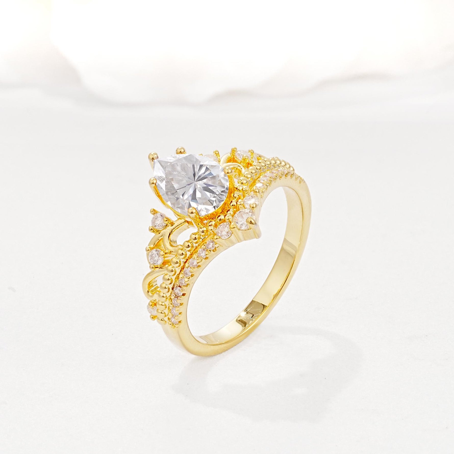 Vintage Pear Cut Moissanite Crown Engagement Ring Set - Additional view