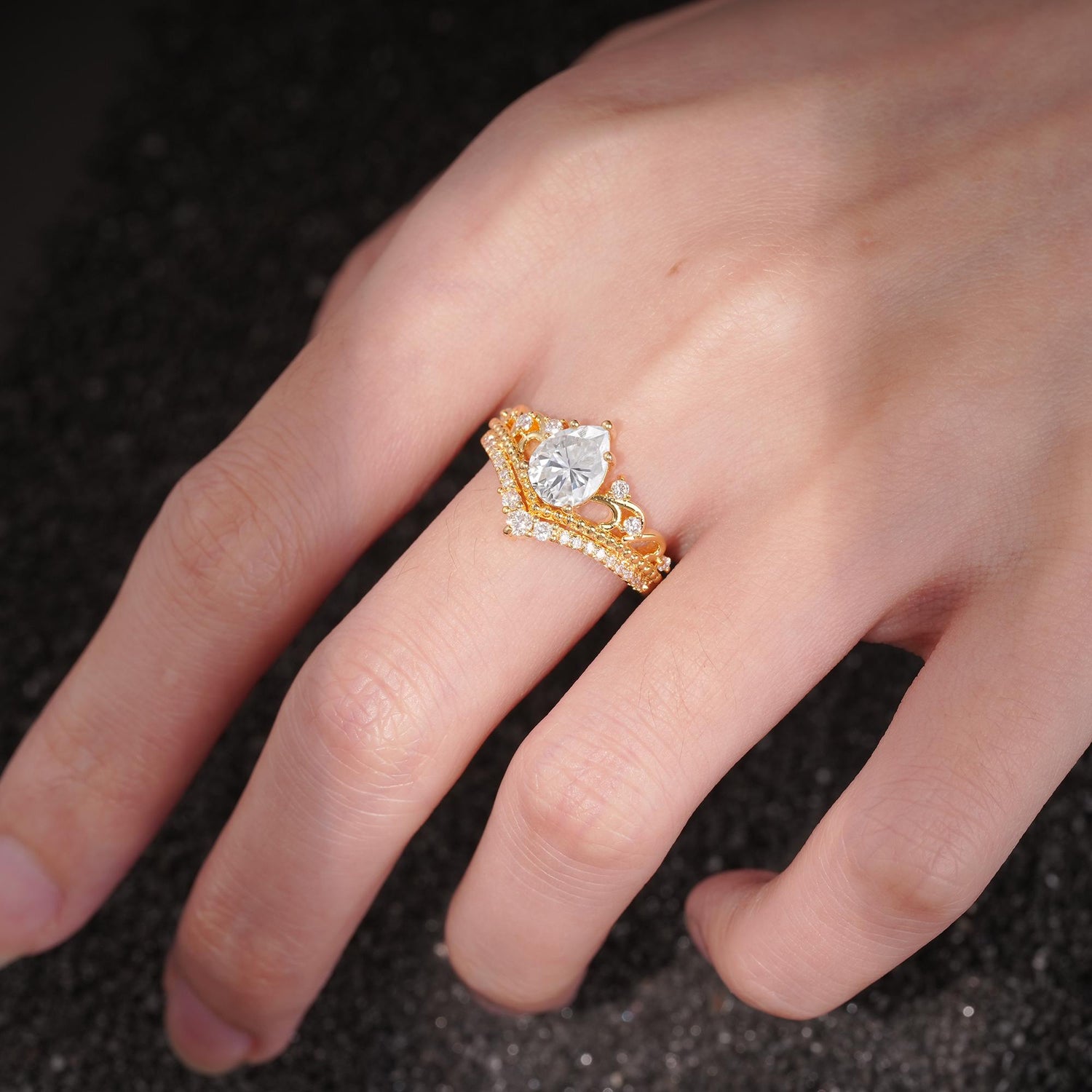 Vintage Pear Cut Moissanite Crown Engagement Ring Set - Additional view