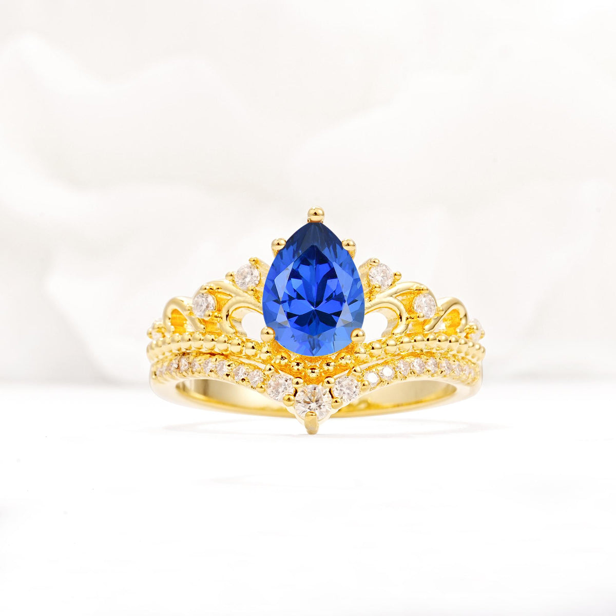 Vintage Pear Cut Sapphire Crown Engagement Ring Set - Additional view