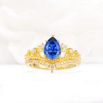 Vintage Pear Cut Sapphire Crown Engagement Ring Set - Additional view