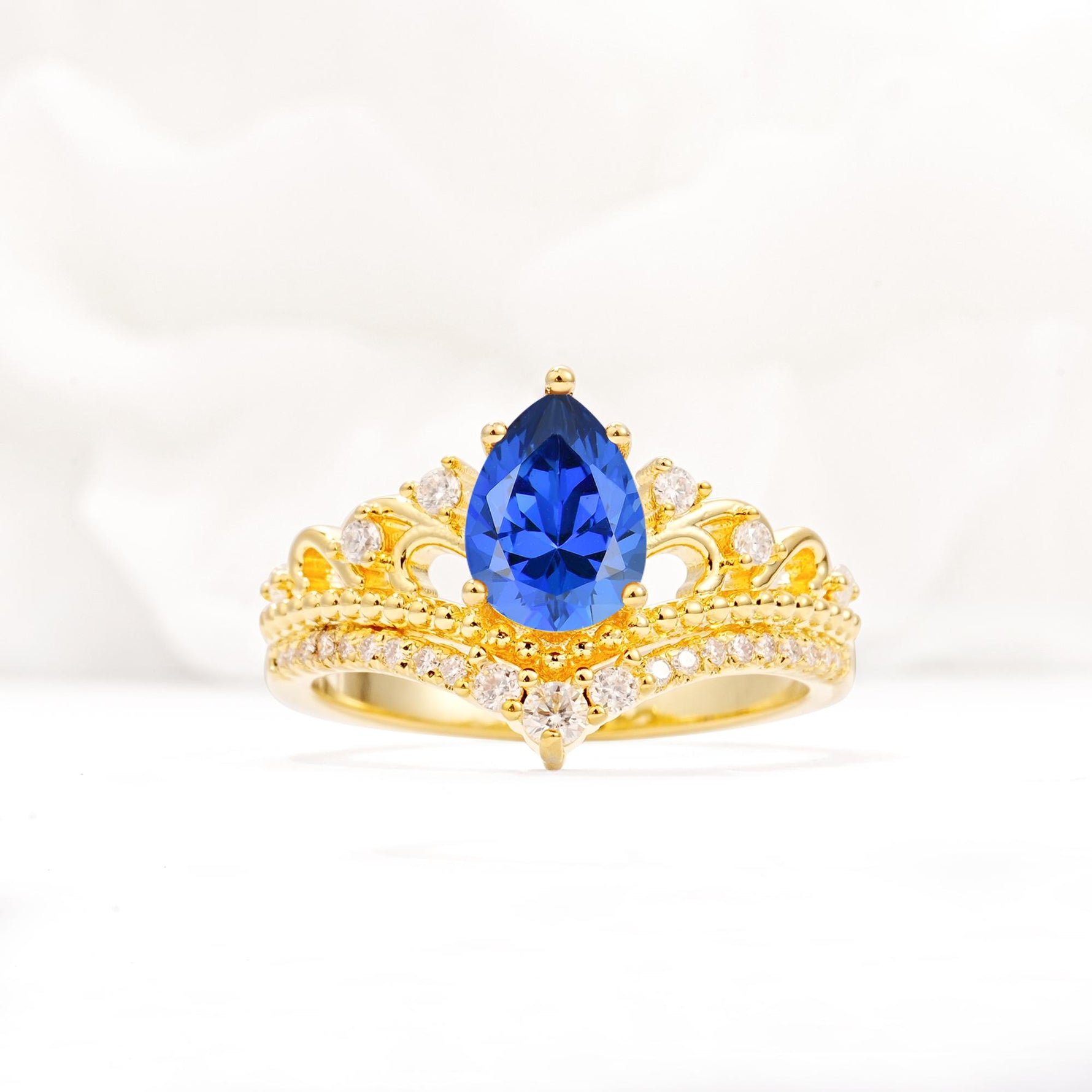 Vintage Pear Cut Sapphire Crown Engagement Ring Set - Additional view