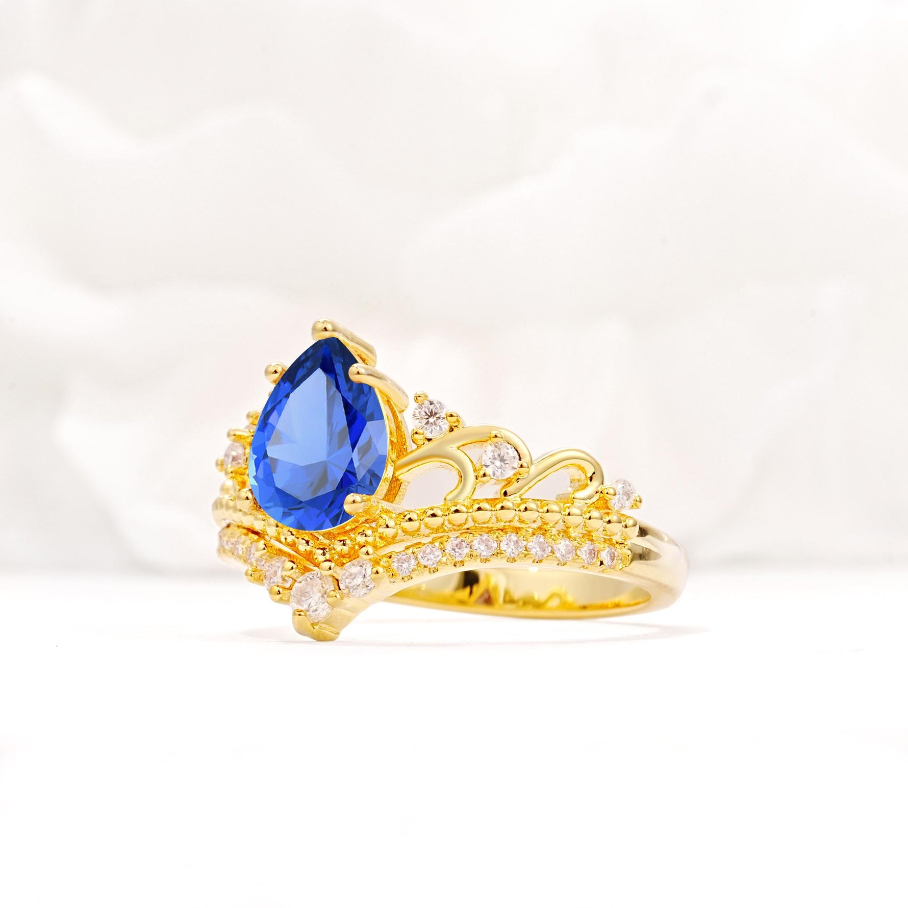 Vintage Pear Cut Sapphire Crown Engagement Ring Set - Additional view