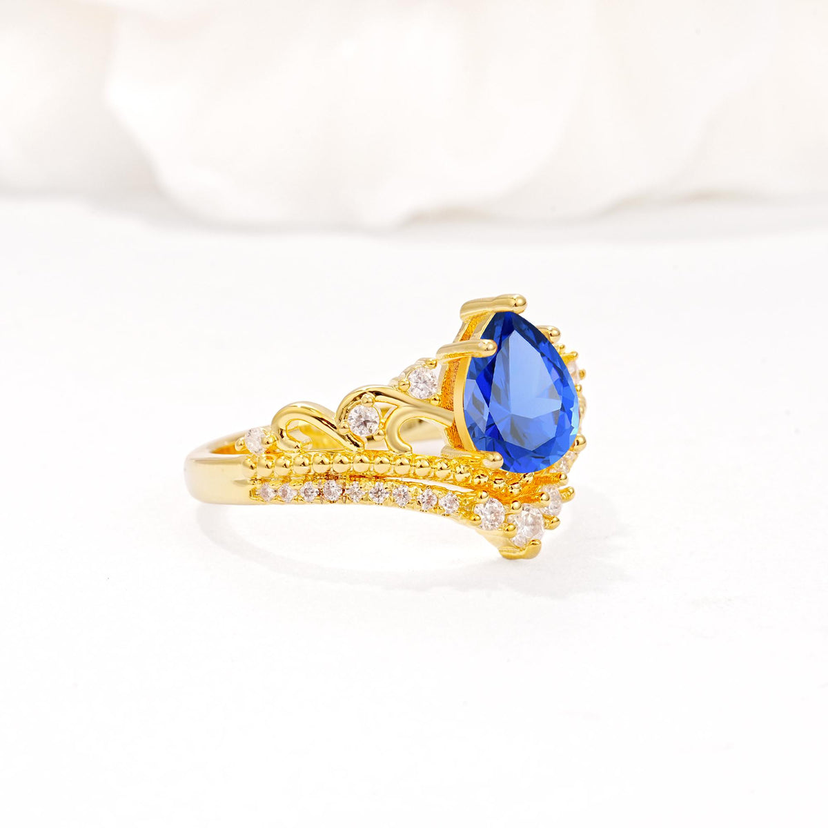 Vintage Pear Cut Sapphire Crown Engagement Ring Set - Additional view