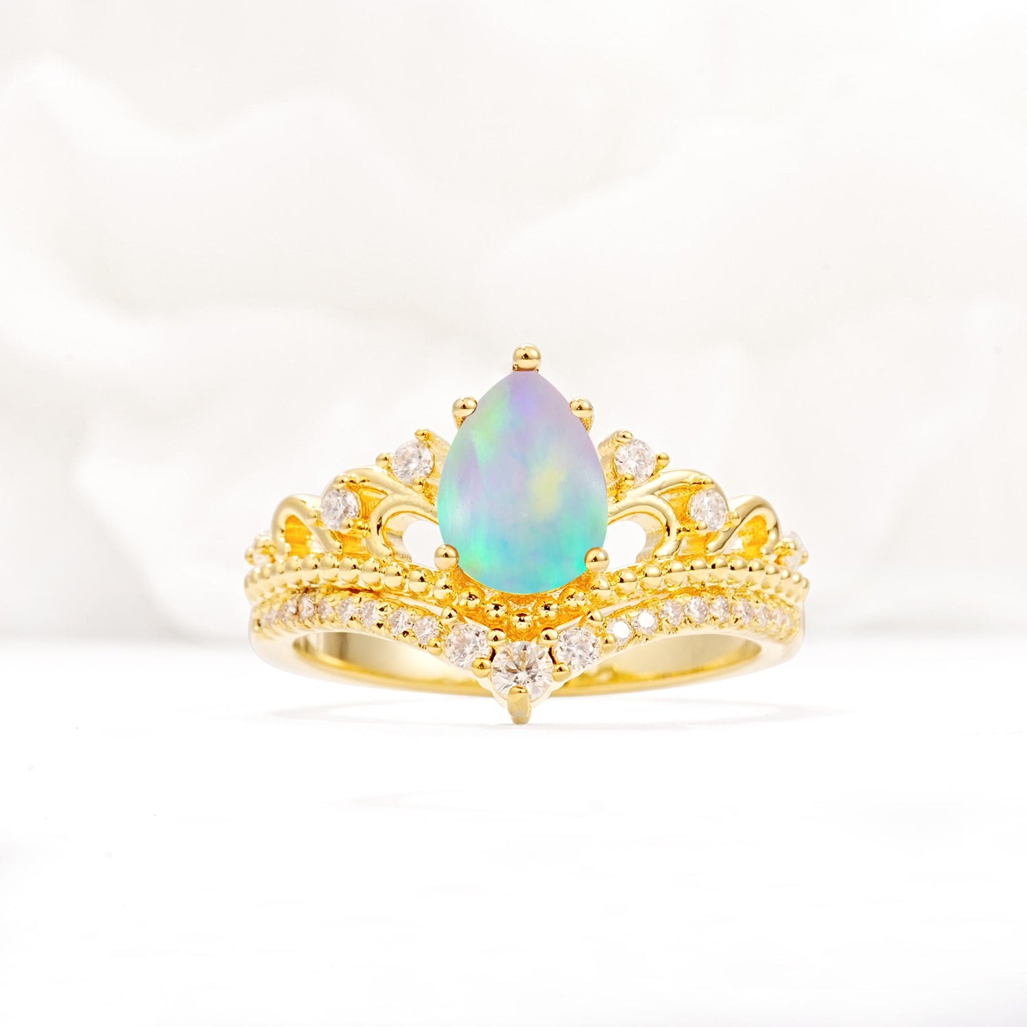 Vintage Pear Cut Fire Opal Crown Engagement Ring Set - Additional view