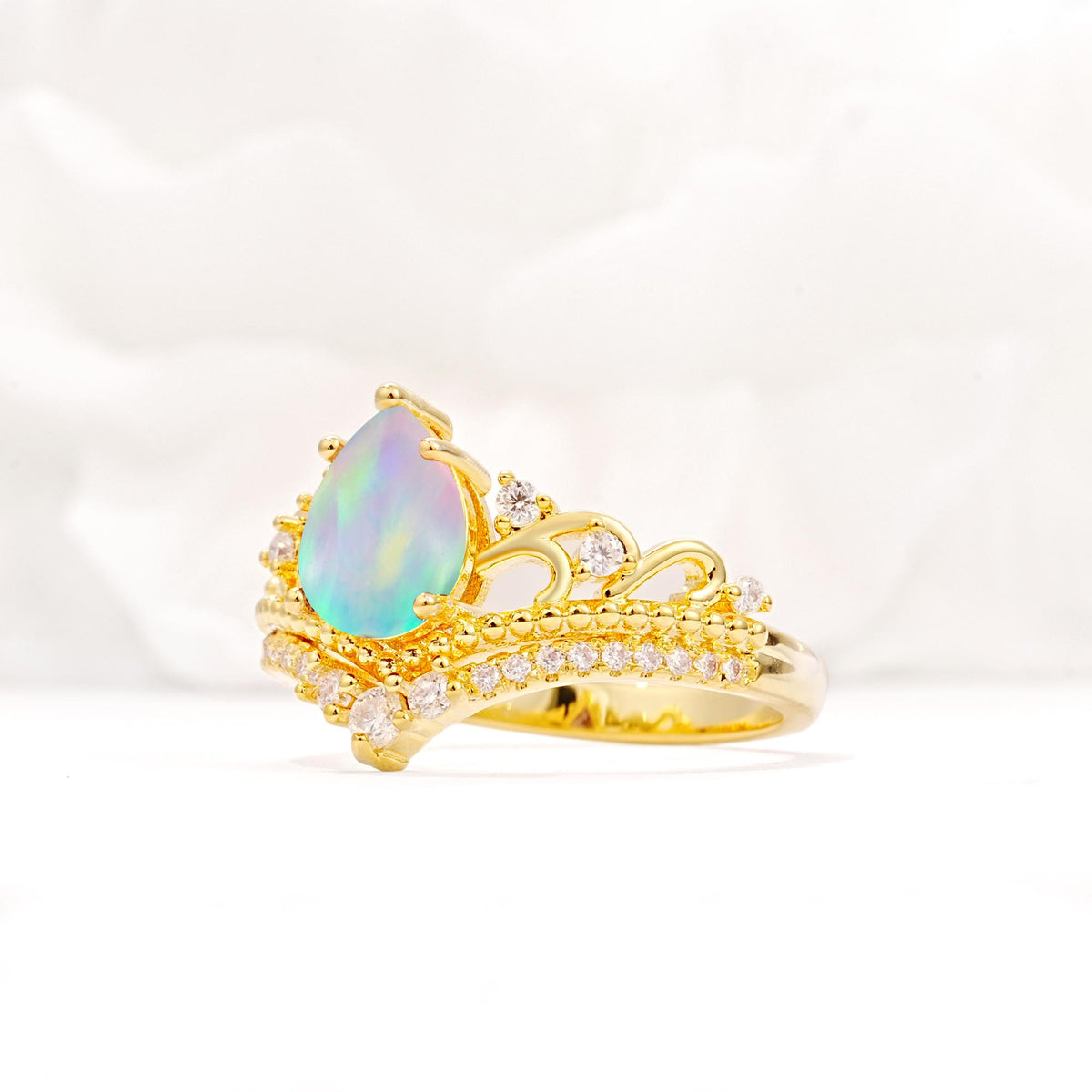 Vintage Pear Cut Fire Opal Crown Engagement Ring Set - Additional view