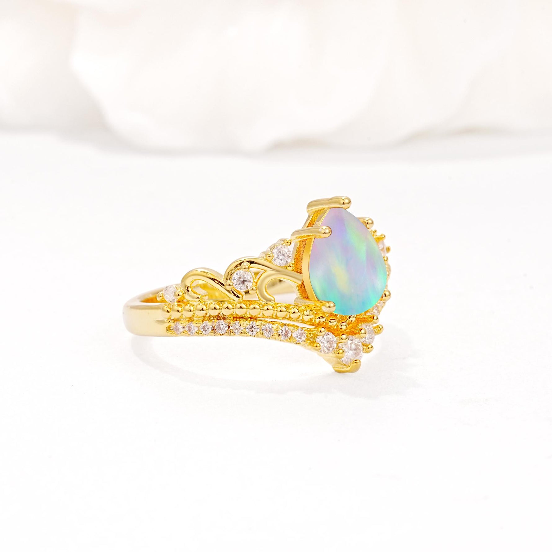Vintage Pear Cut Fire Opal Crown Engagement Ring Set - Additional view