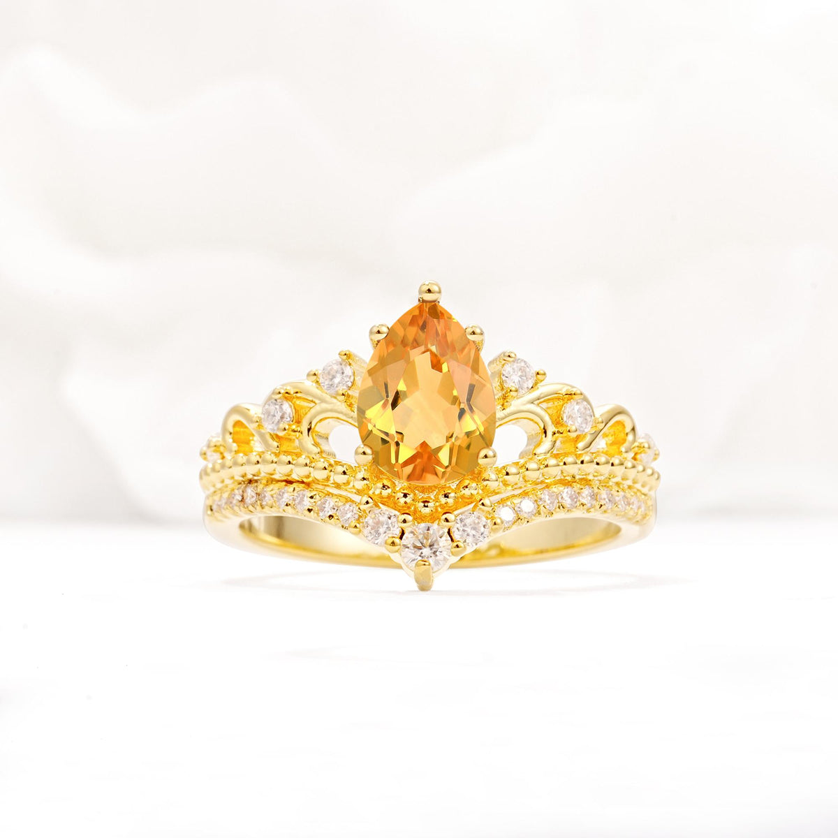 Vintage Pear Cut Citrine Crown Engagement Ring Set - Additional view