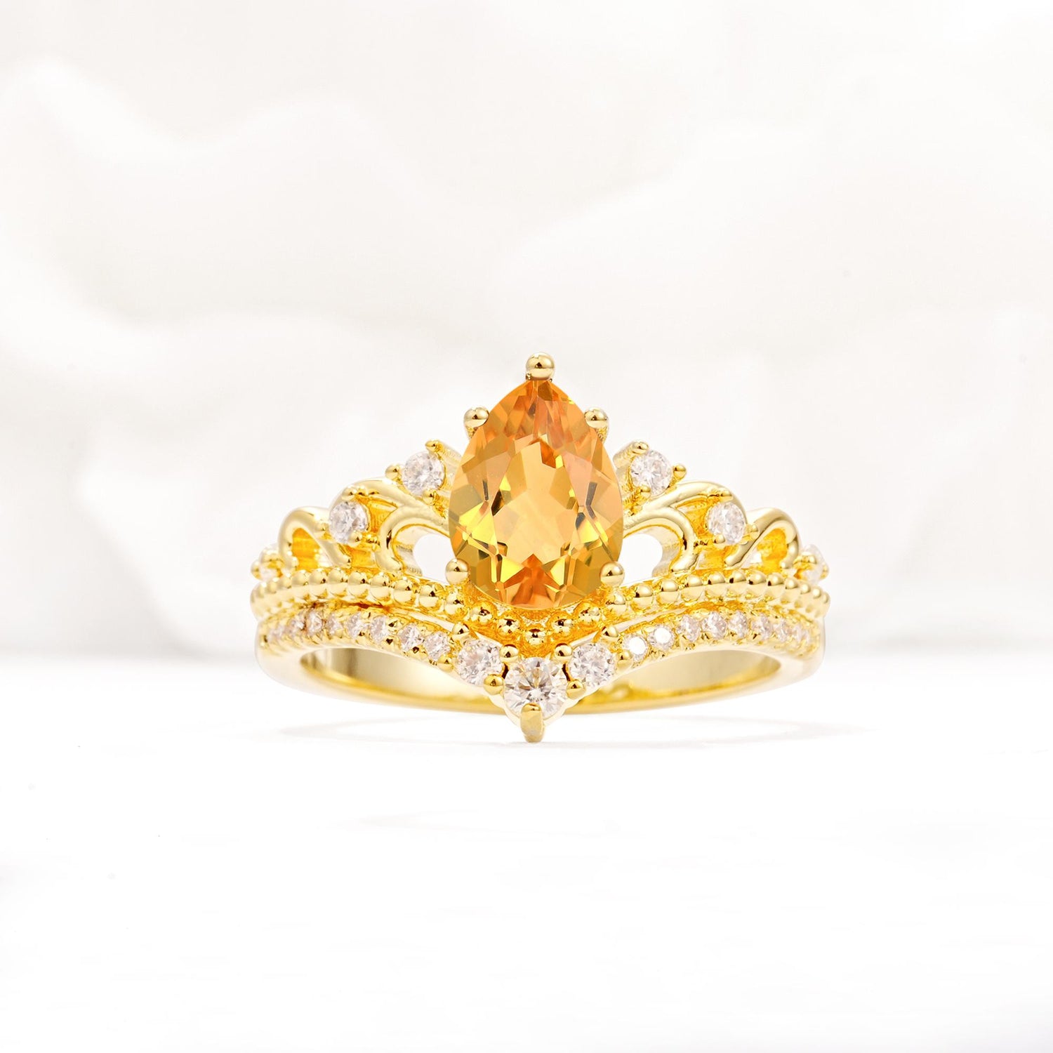 Vintage Pear Cut Citrine Crown Engagement Ring Set - Additional view