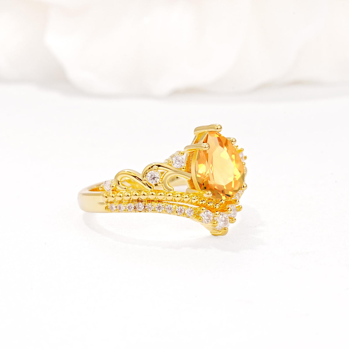 Vintage Pear Cut Citrine Crown Engagement Ring Set - Additional view