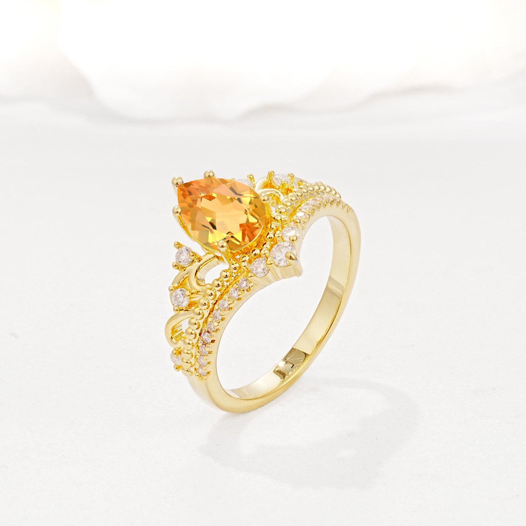 Vintage Pear Cut Citrine Crown Engagement Ring Set - Additional view