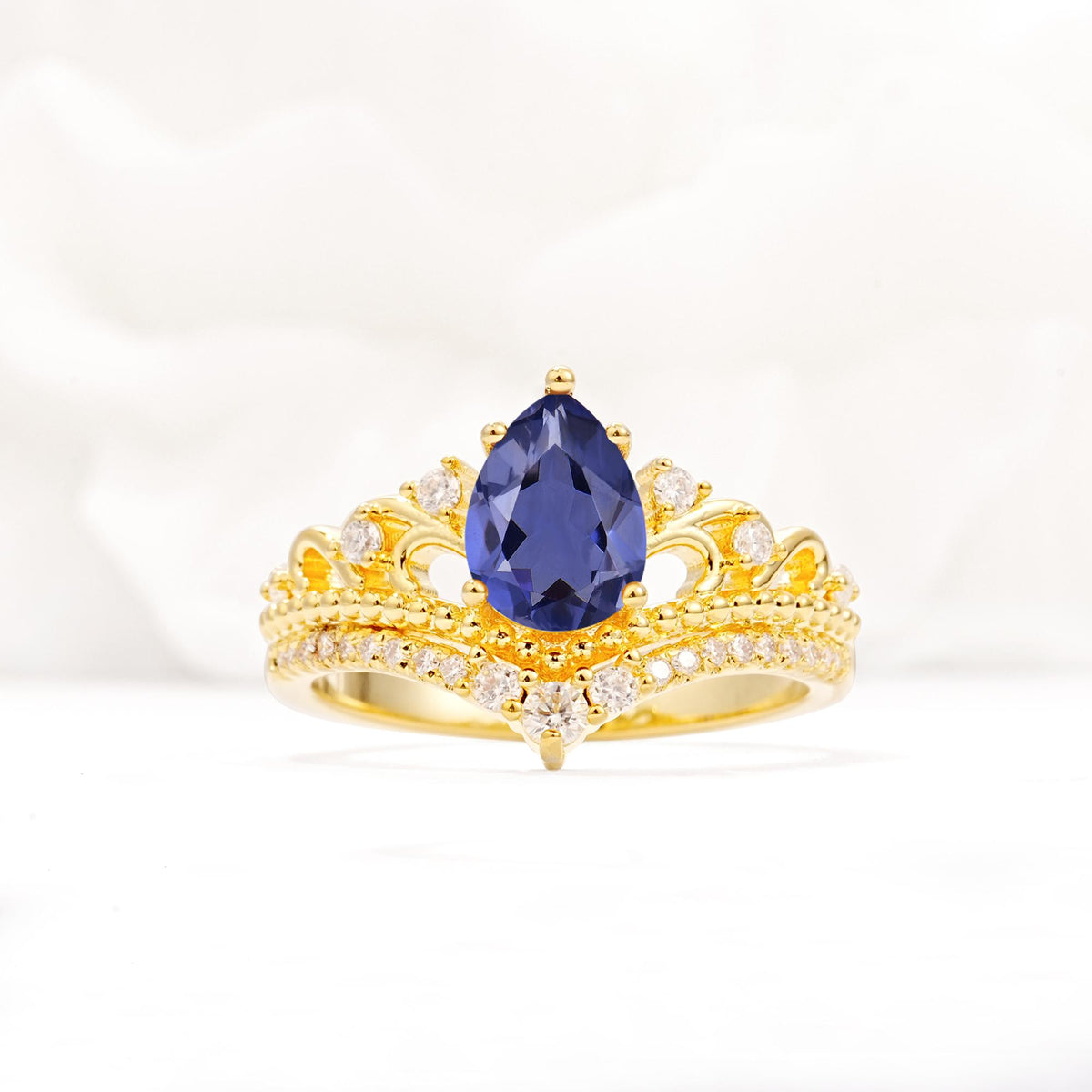 Vintage Pear Cut Tanzanite Crown Engagement Ring Set - Additional view