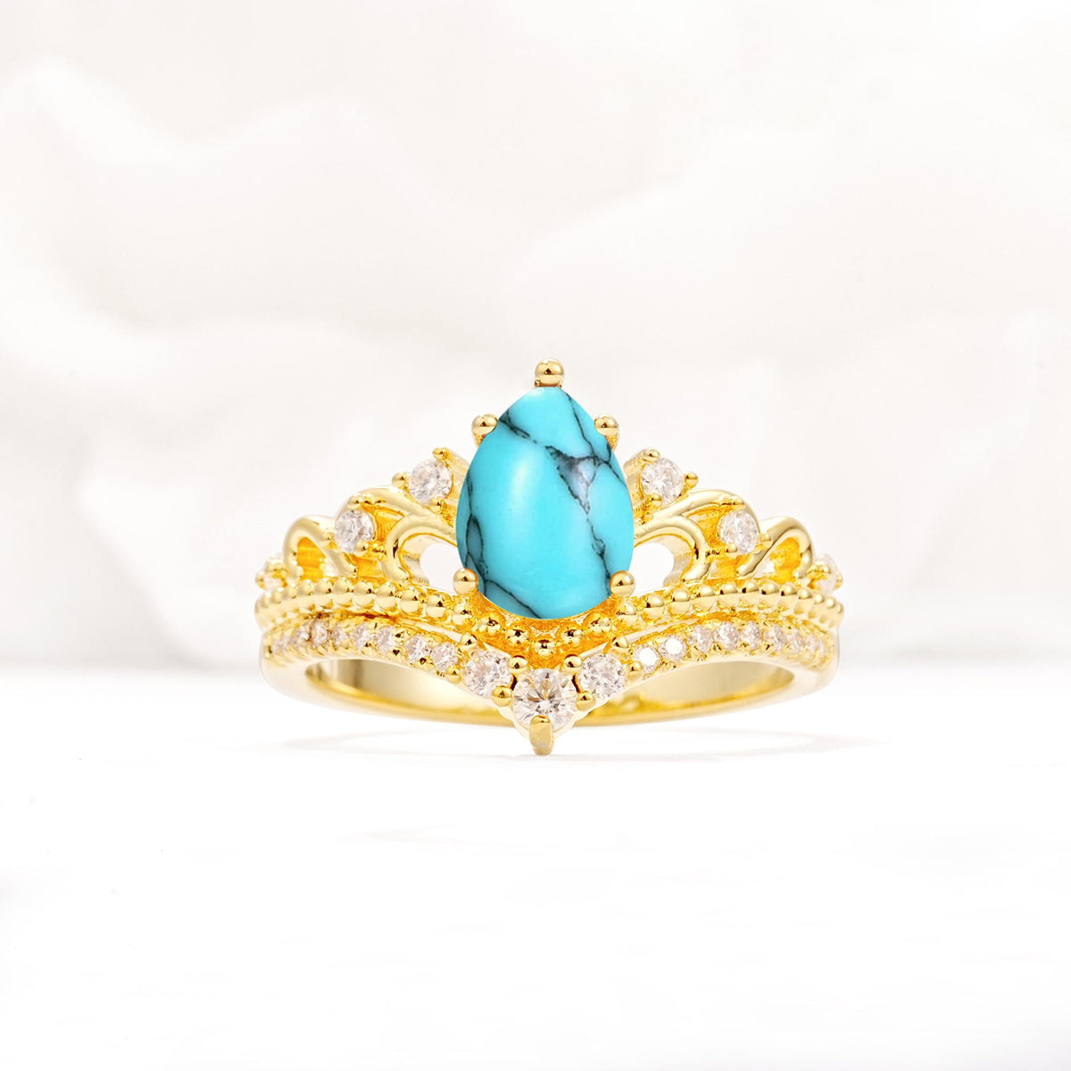 Vintage Pear Cut Turquoise Crown Engagement Ring Set - Additional view