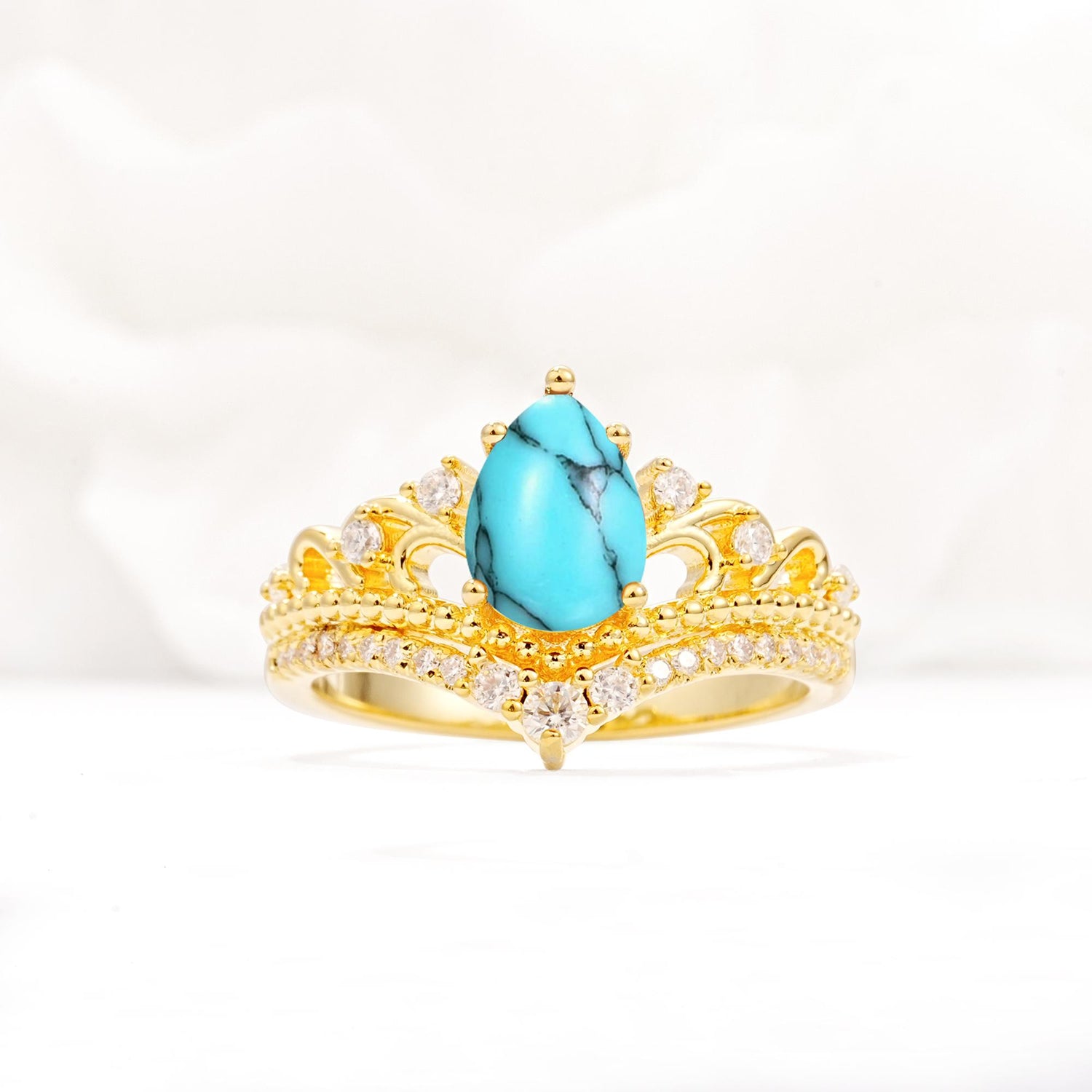 Vintage Pear Cut Turquoise Crown Engagement Ring Set - Additional view