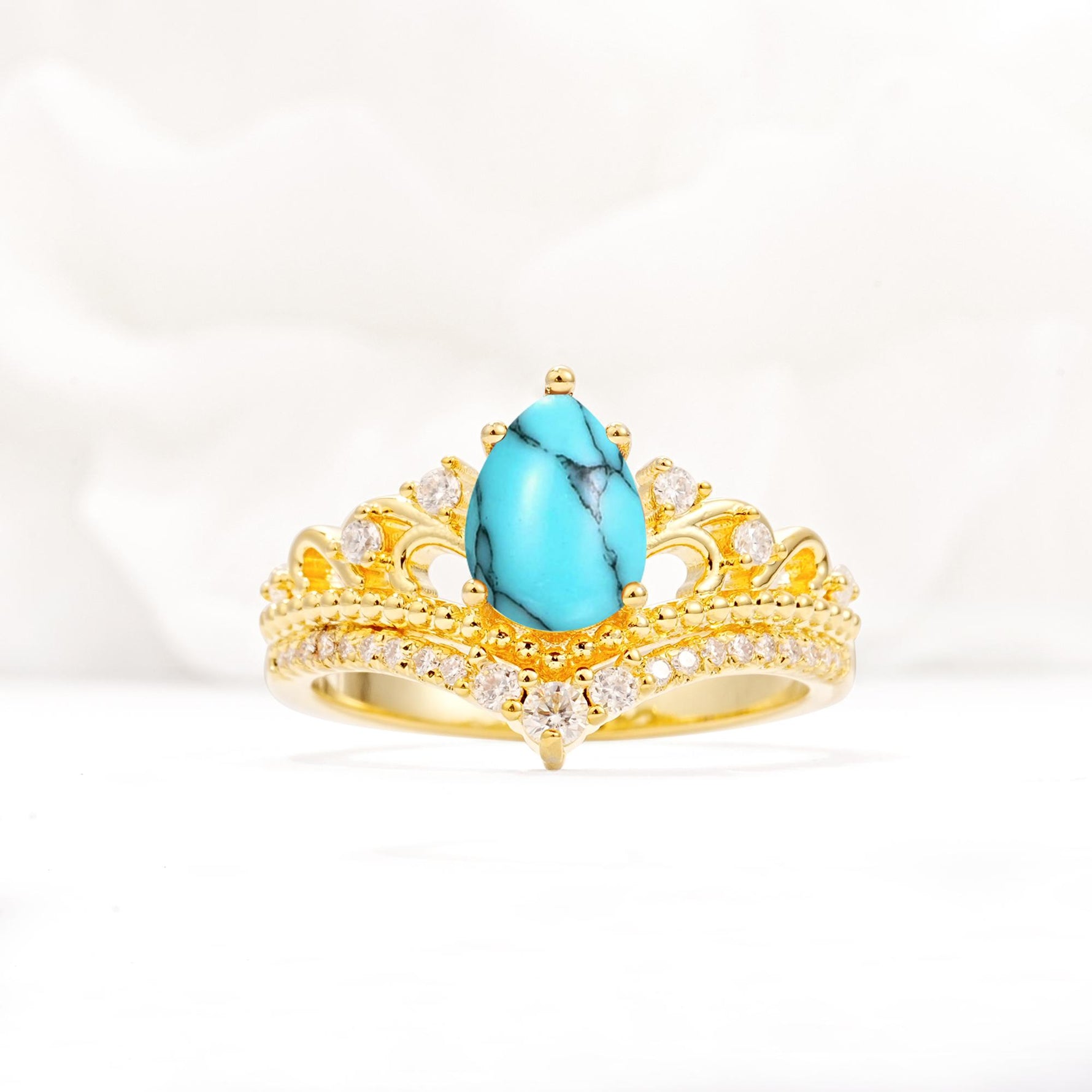 Vintage Pear Cut Turquoise Crown Engagement Ring Set - Additional view