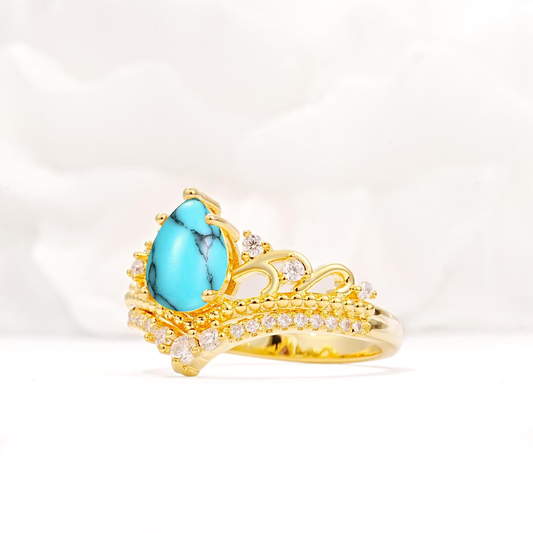 Vintage Pear Cut Turquoise Crown Engagement Ring Set - Additional view