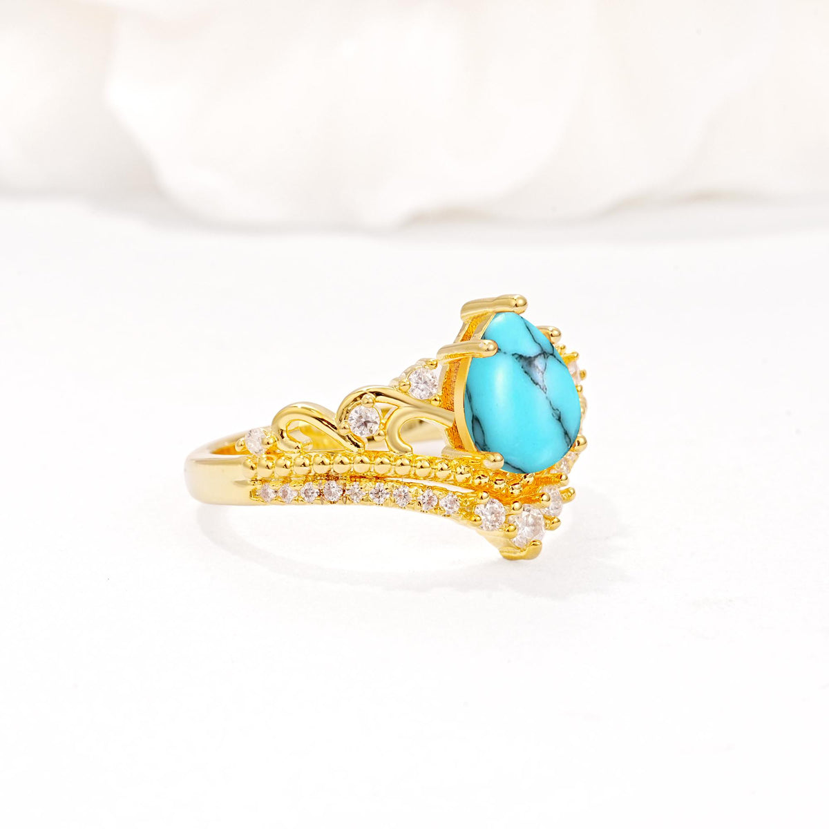 Vintage Pear Cut Turquoise Crown Engagement Ring Set - Additional view