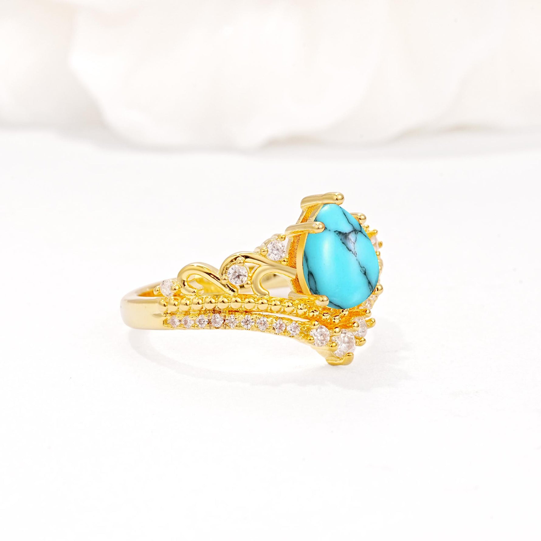 Vintage Pear Cut Turquoise Crown Engagement Ring Set - Additional view