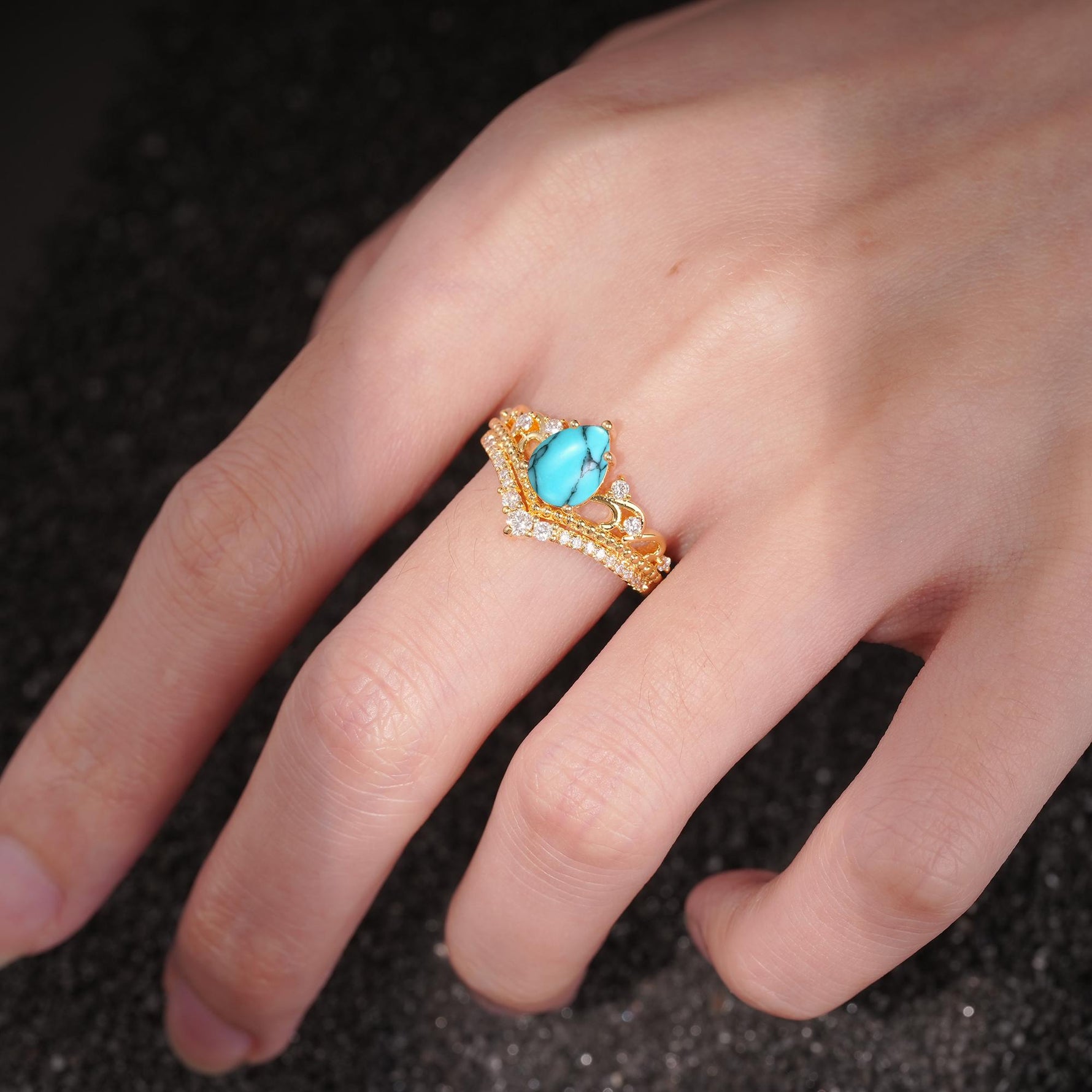 Vintage Pear Cut Turquoise Crown Engagement Ring Set - Additional view