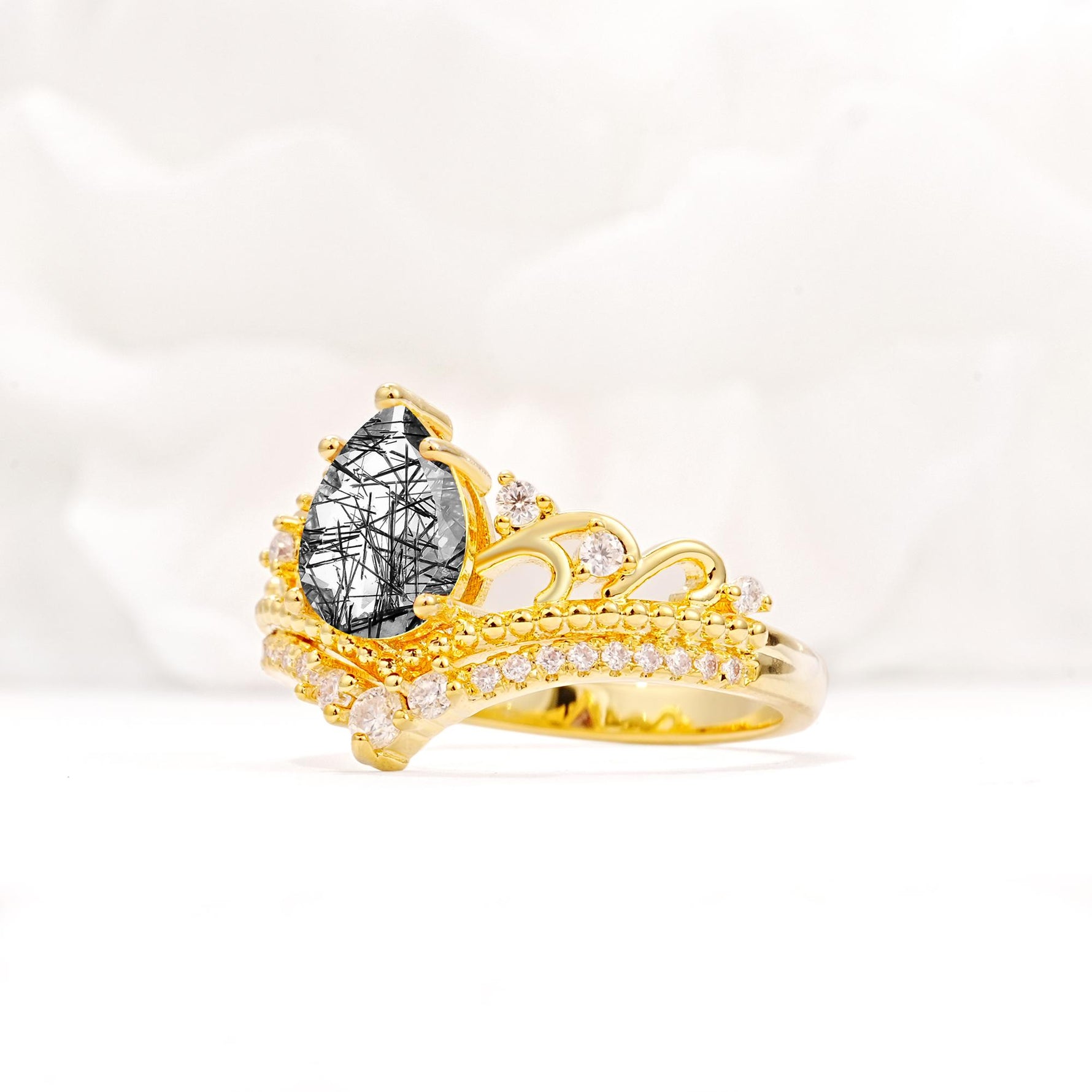 Vintage Pear Cut Black Rutilated Quartz Crown Engagement Ring Set - Additional view