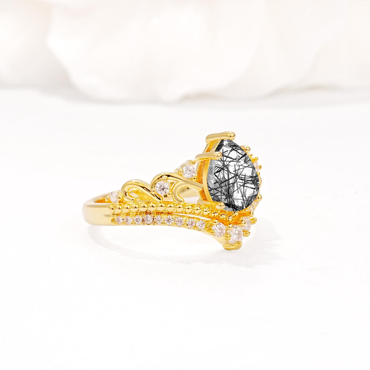 Vintage Pear Cut Black Rutilated Quartz Crown Engagement Ring Set - Additional view