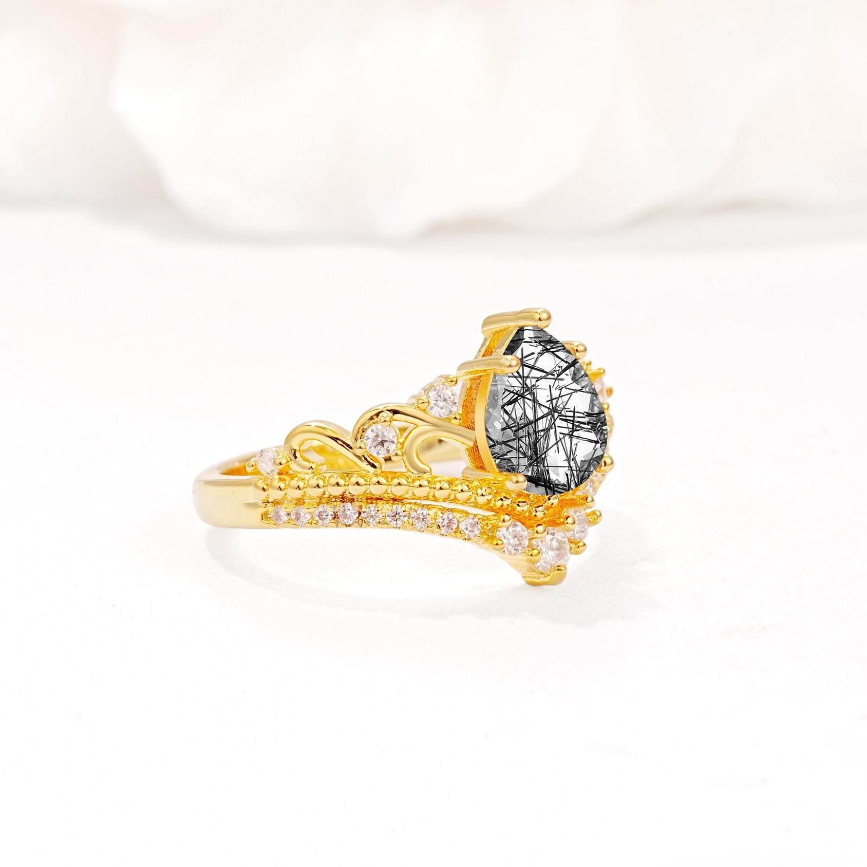 Vintage Pear Cut Black Rutilated Quartz Crown Engagement Ring Set - Additional view