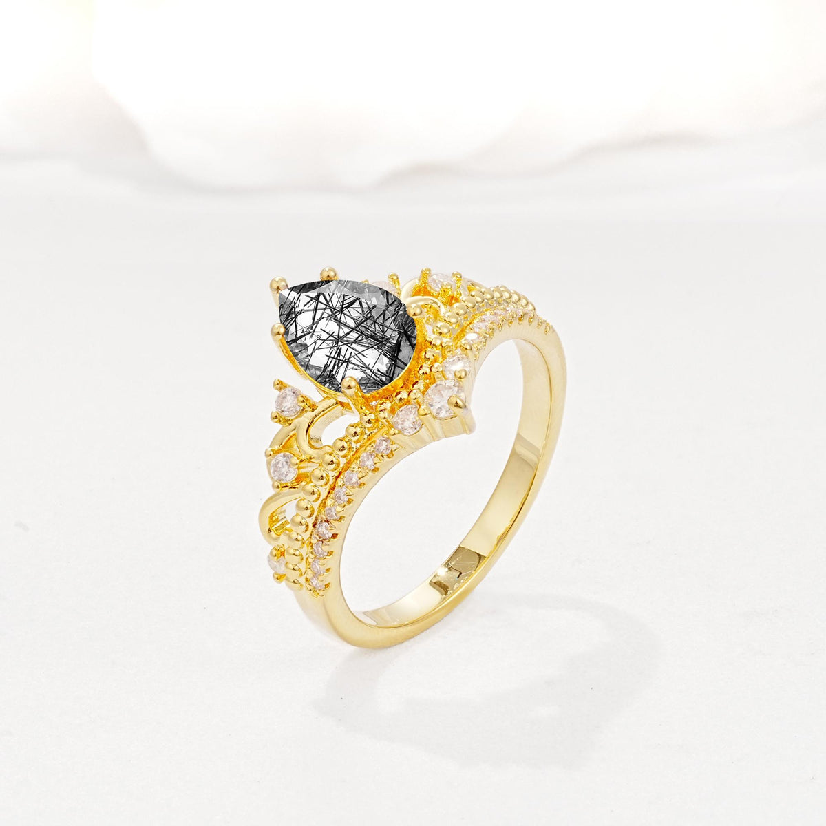 Vintage Pear Cut Black Rutilated Quartz Crown Engagement Ring Set - Additional view