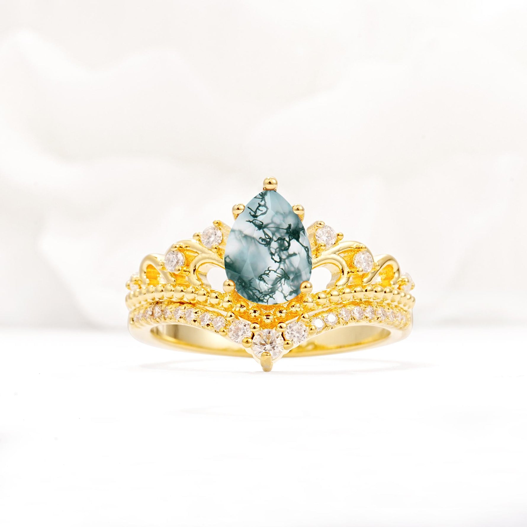 Vintage Pear Cut Moss Agate Crown Engagement Ring Set - Additional view