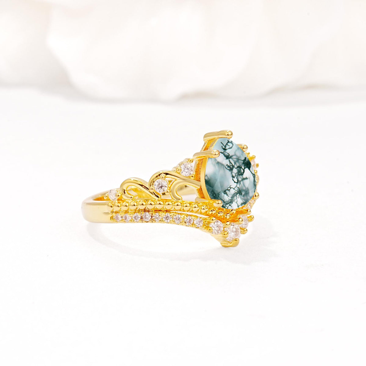 Vintage Pear Cut Moss Agate Crown Engagement Ring Set - Additional view