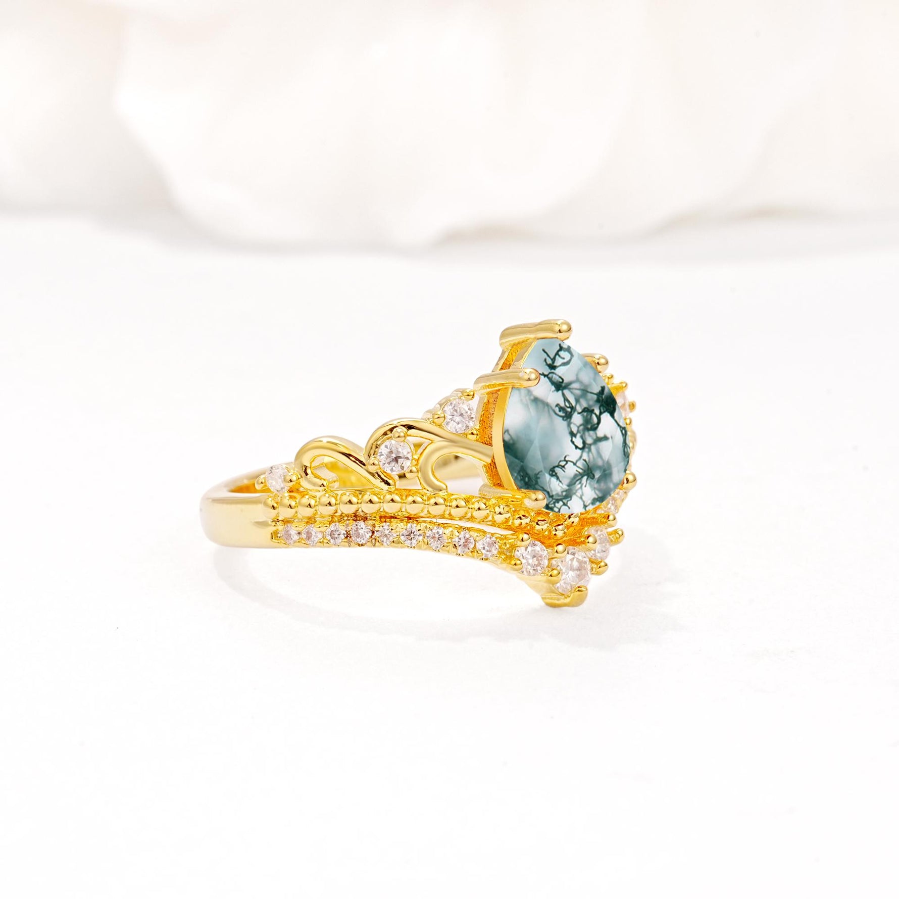 Vintage Pear Cut Moss Agate Crown Engagement Ring Set - Additional view